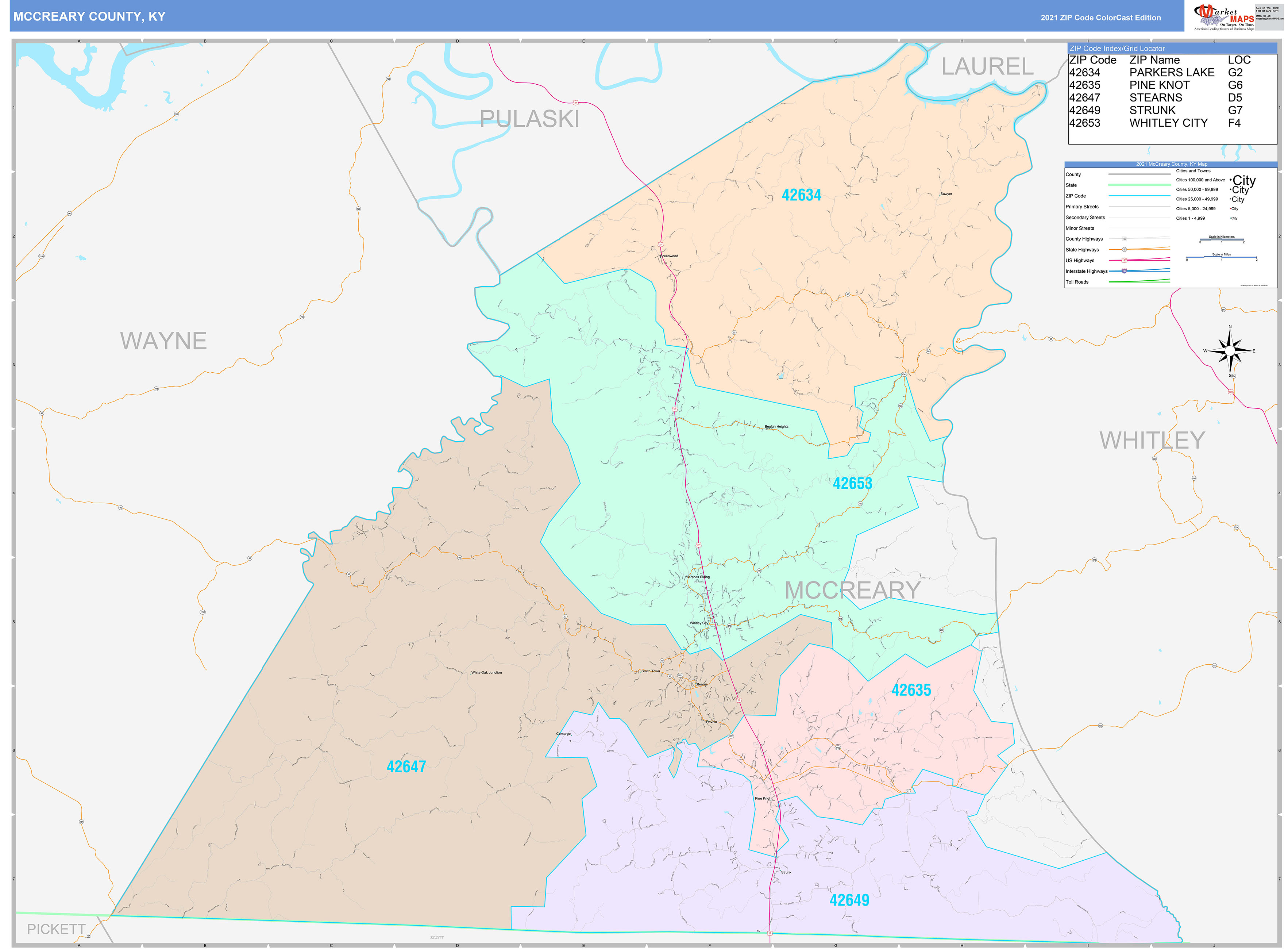 McCreary County, KY Wall Map Color Cast Style by MarketMAPS