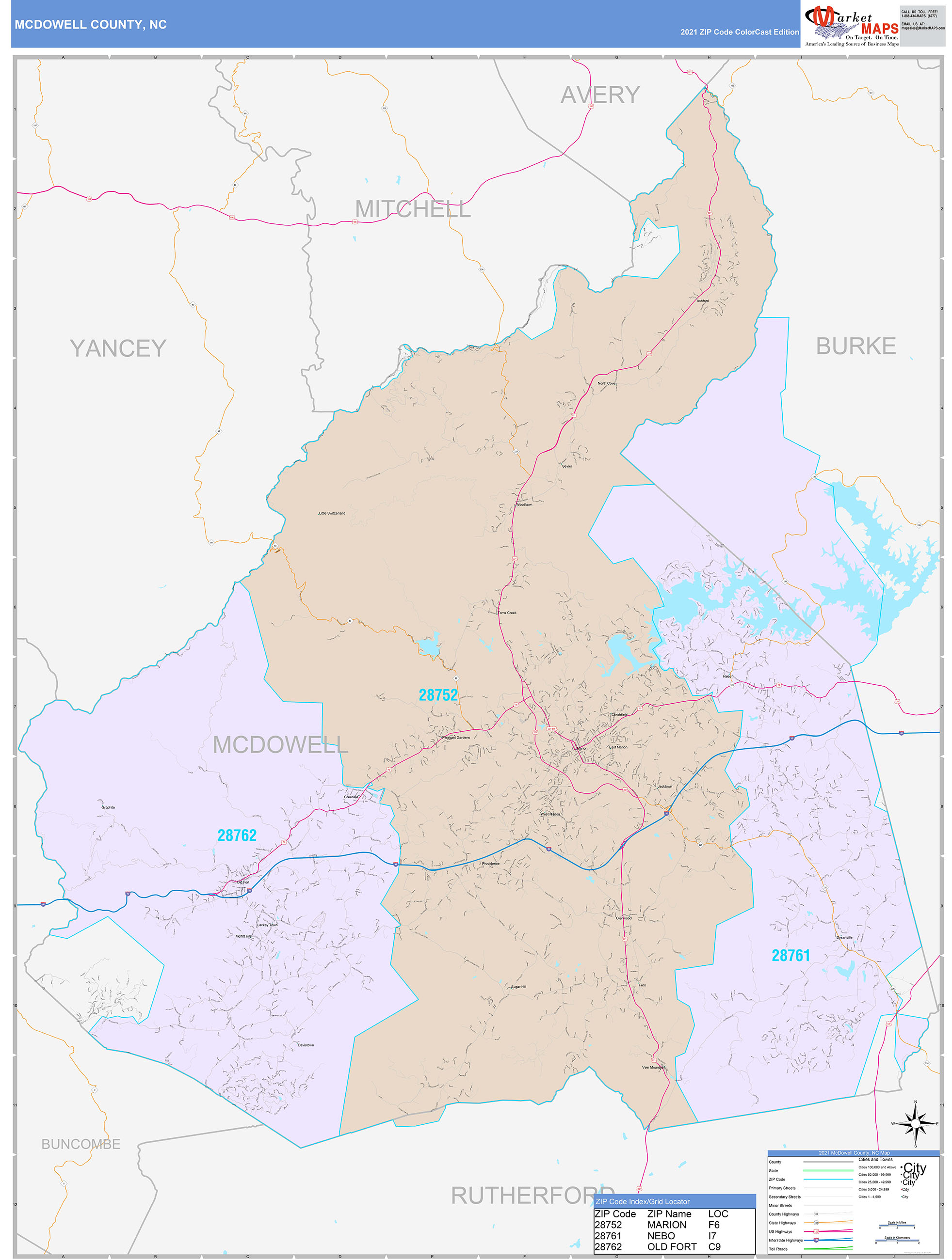 McDowell County, NC Wall Map Color Cast Style by MarketMAPS