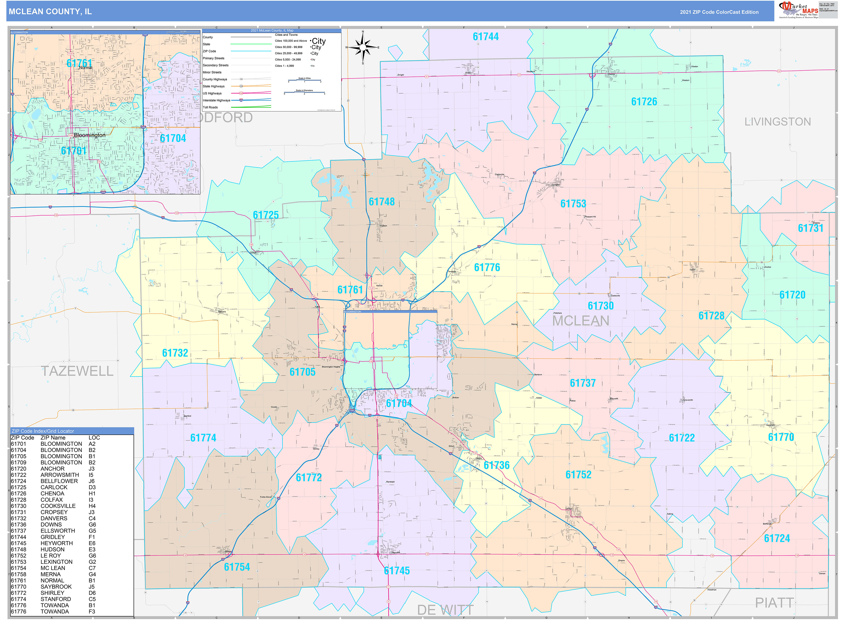 McLean County, IL Wall Map Color Cast Style by MarketMAPS