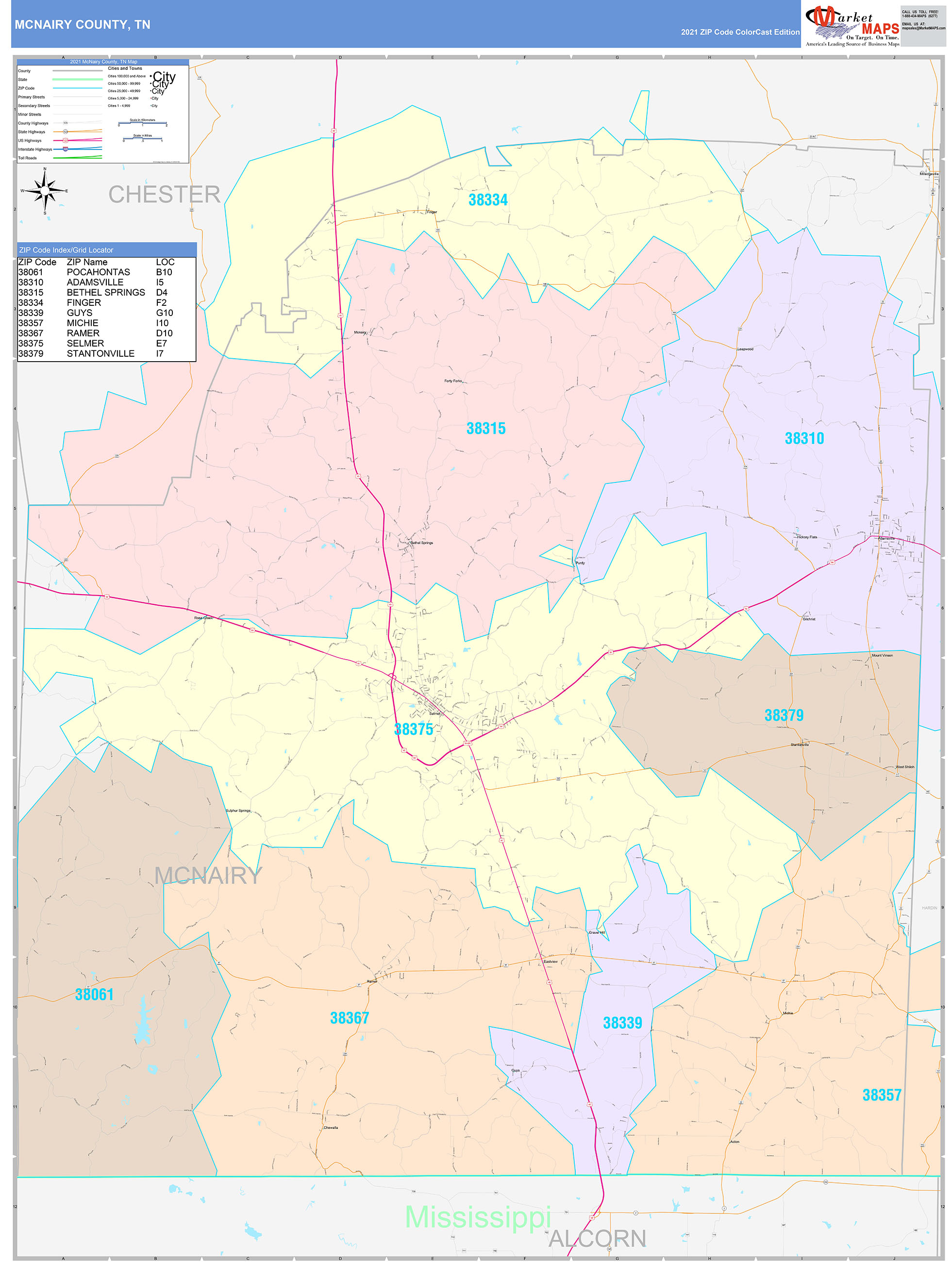 McNairy County, TN Wall Map Color Cast Style by MarketMAPS