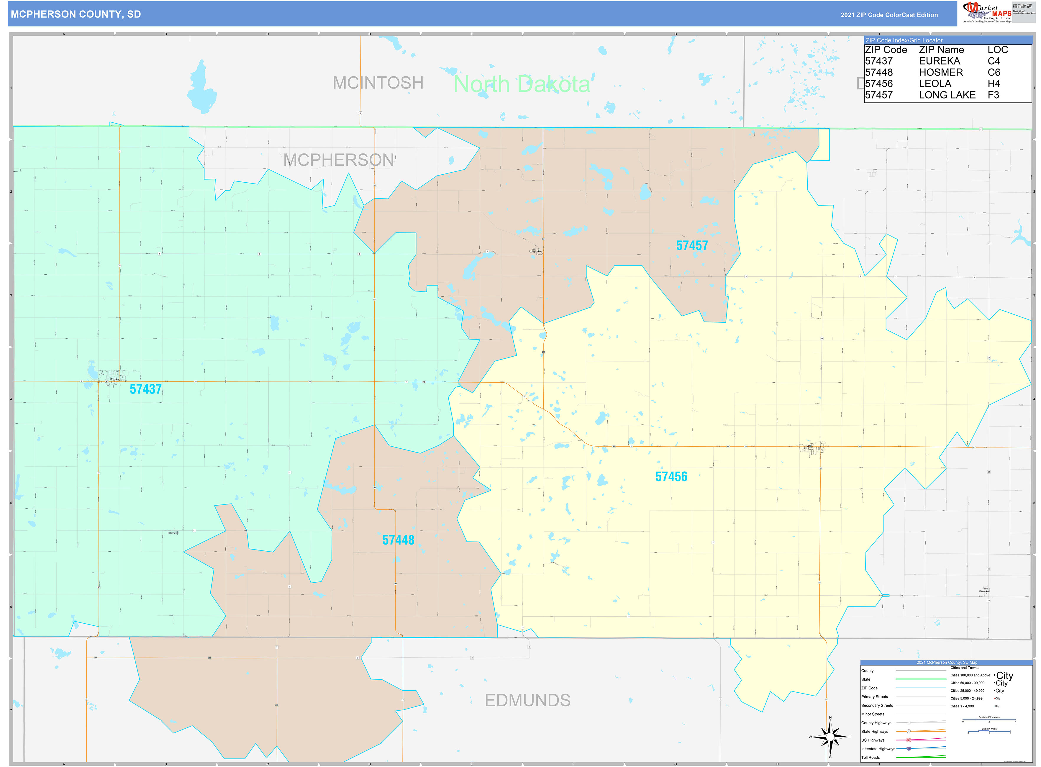 McPherson County, SD Wall Map Color Cast Style by MarketMAPS