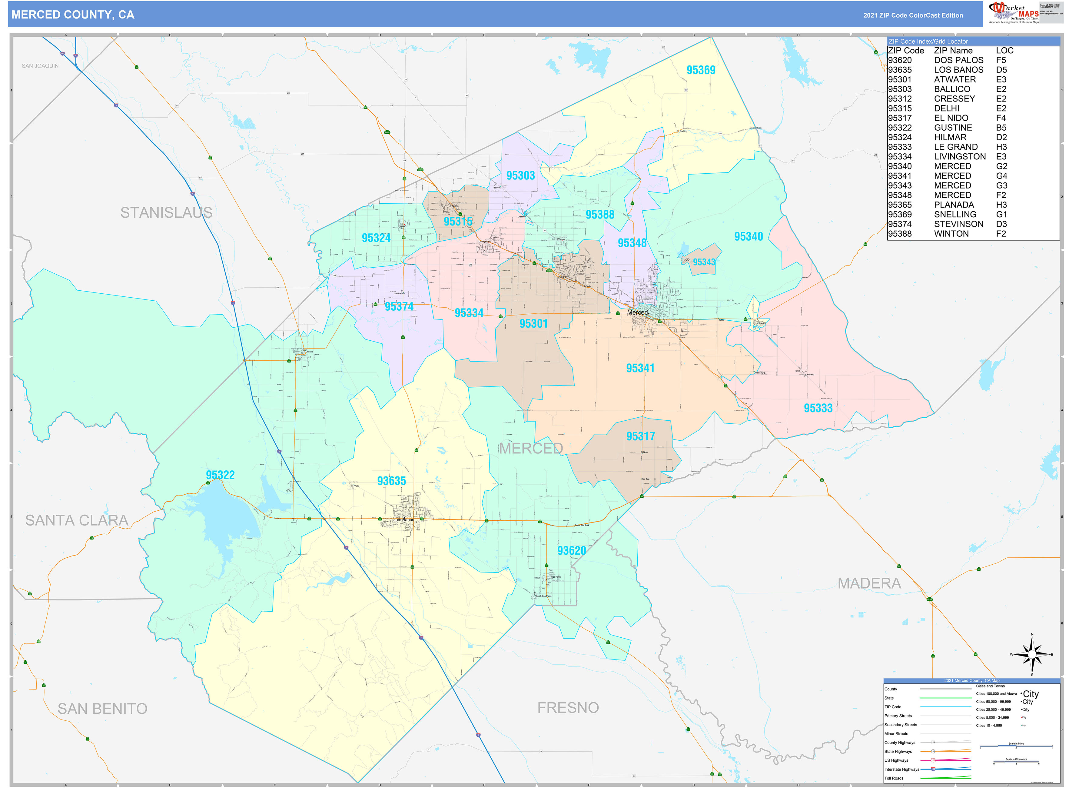 Merced County, CA Wall Map Color Cast Style by MarketMAPS
