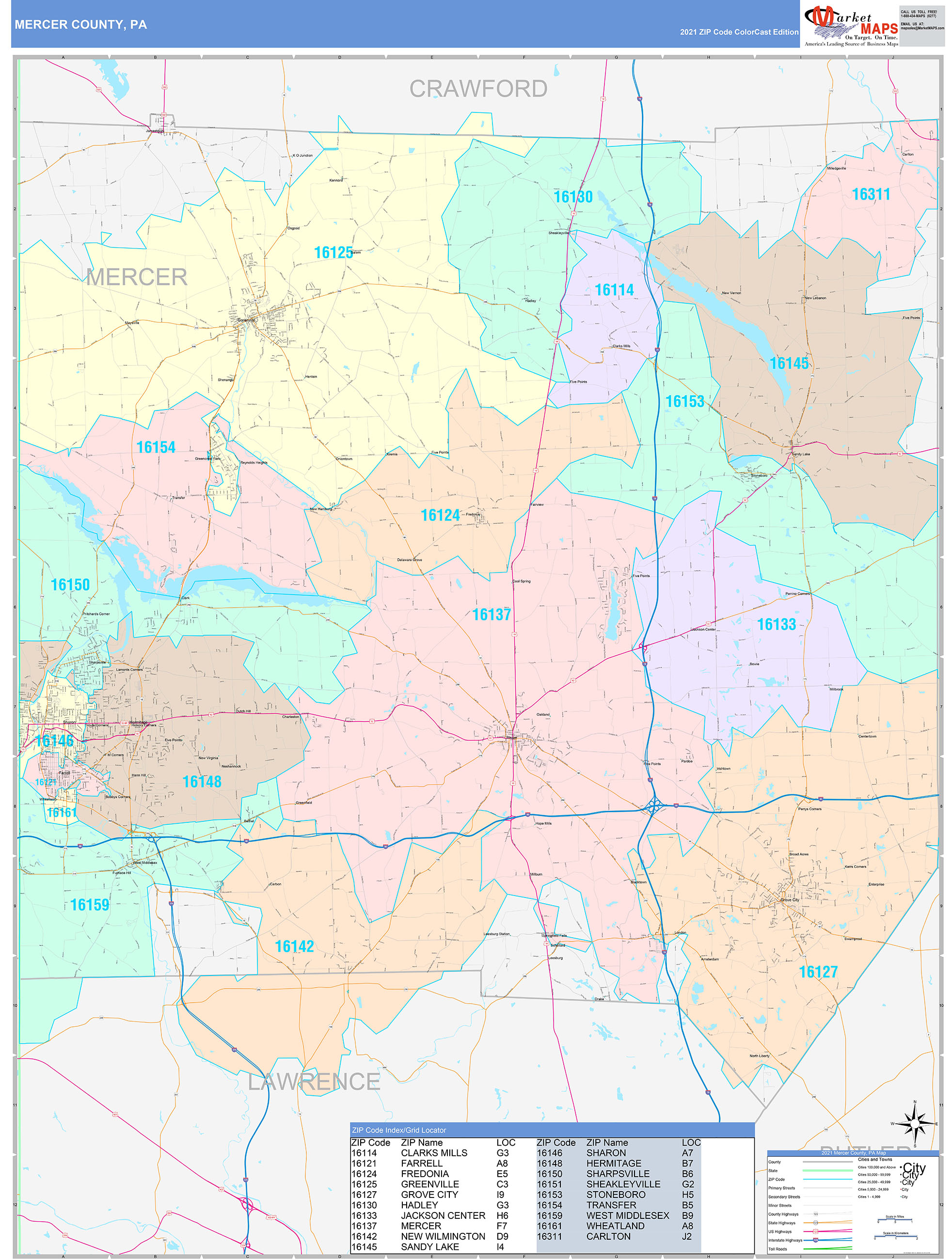 Mercer County, PA Wall Map Color Cast Style by MarketMAPS
