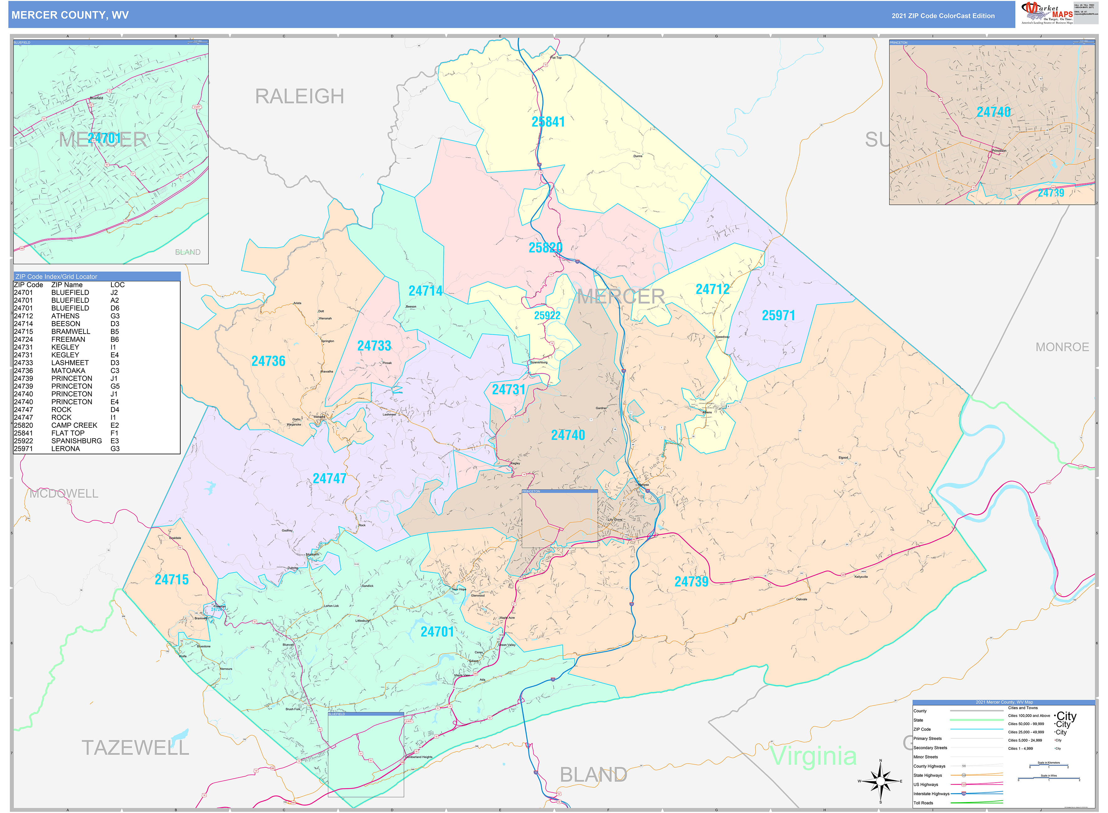 Mercer County, WV Wall Map Color Cast Style by MarketMAPS