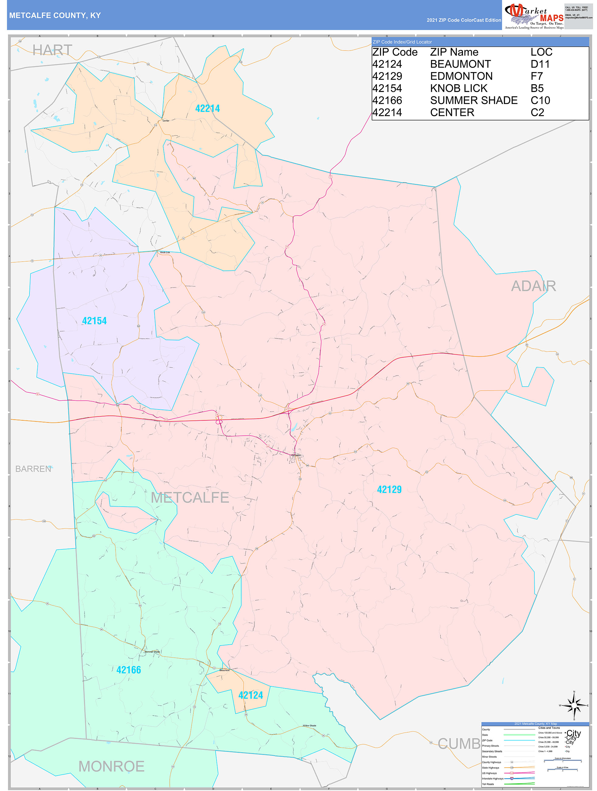 Metcalfe County, KY Wall Map Color Cast Style by MarketMAPS
