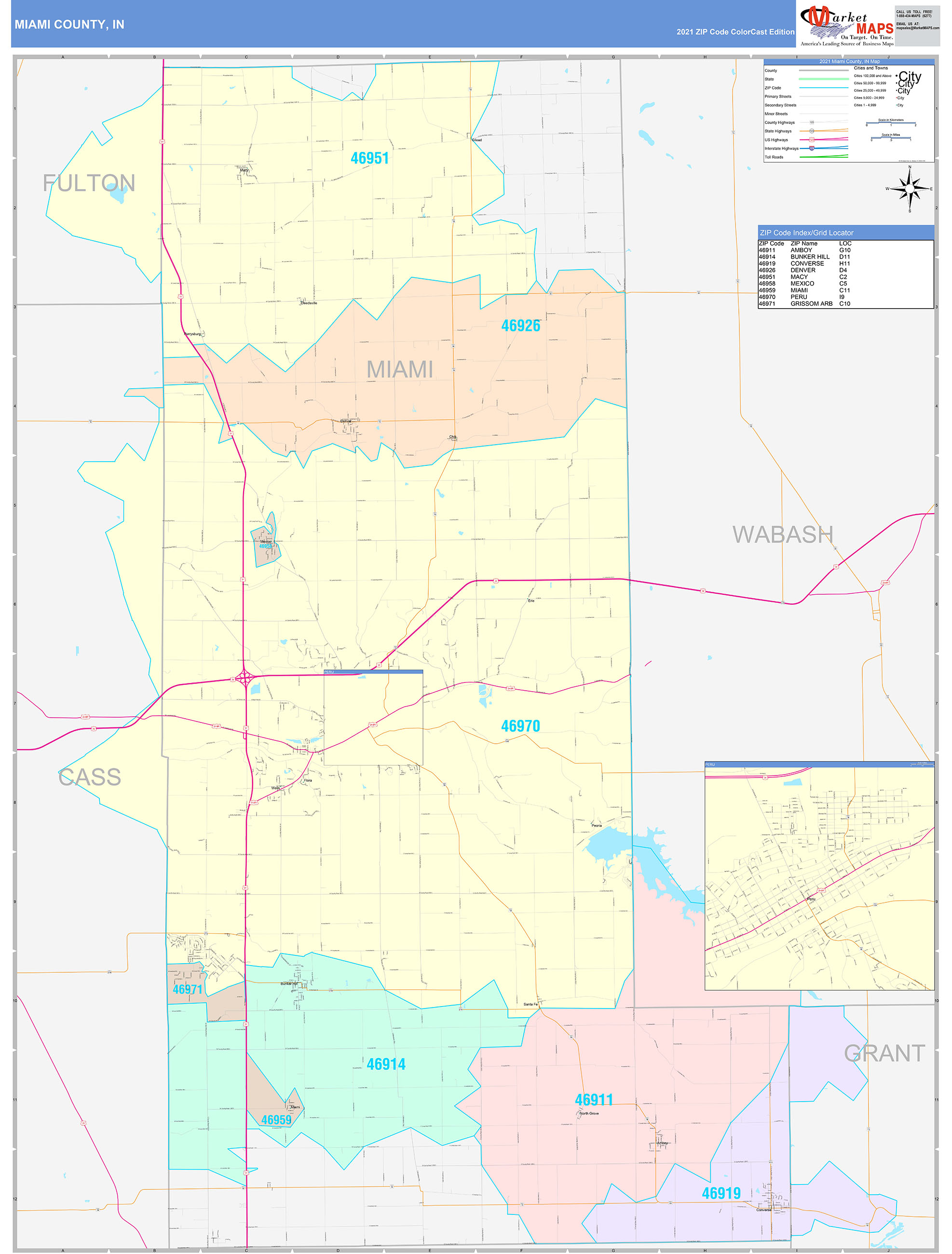 Miami County, IN Wall Map Color Cast Style by MarketMAPS MapSales