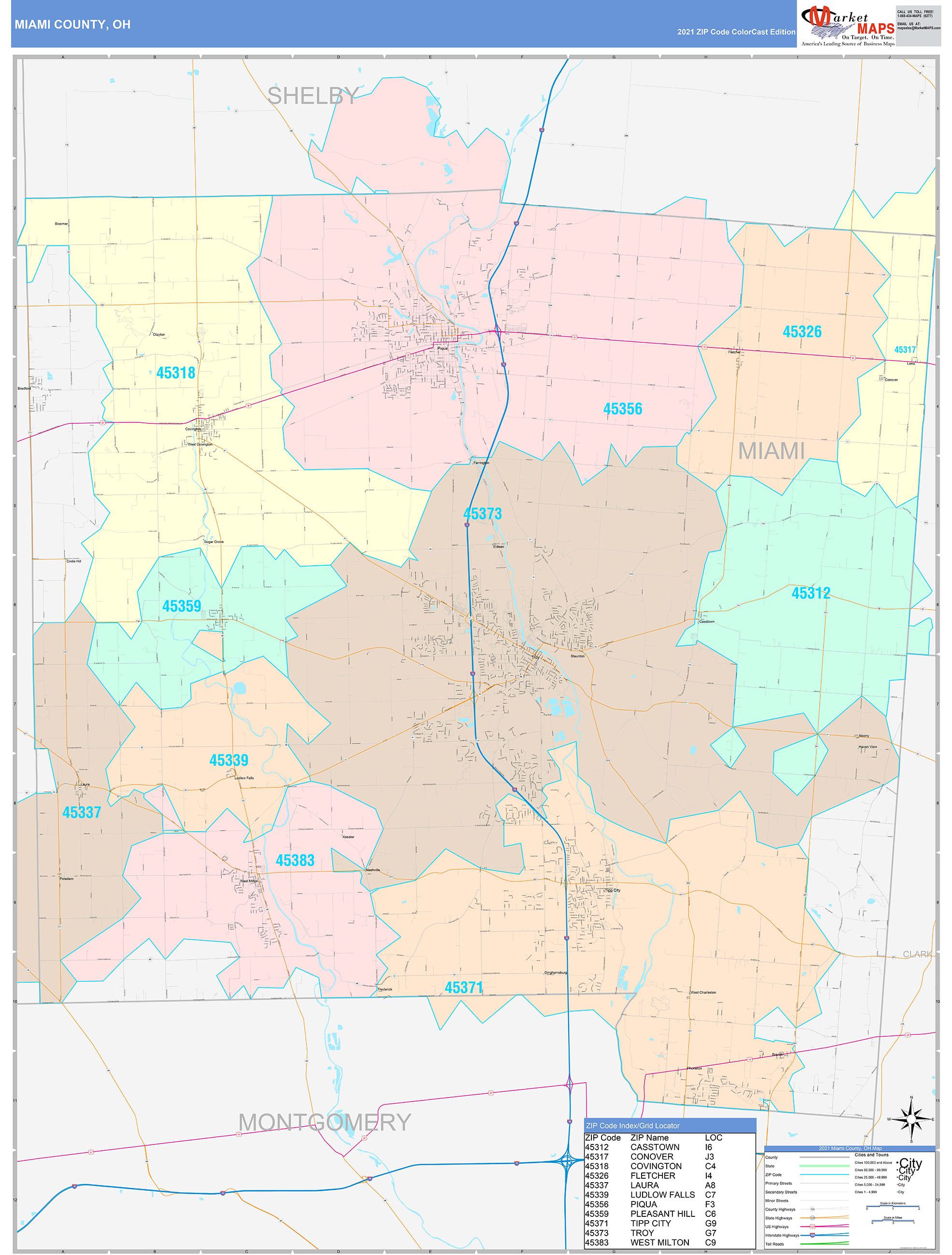 Miami County, OH Wall Map Color Cast Style by MarketMAPS