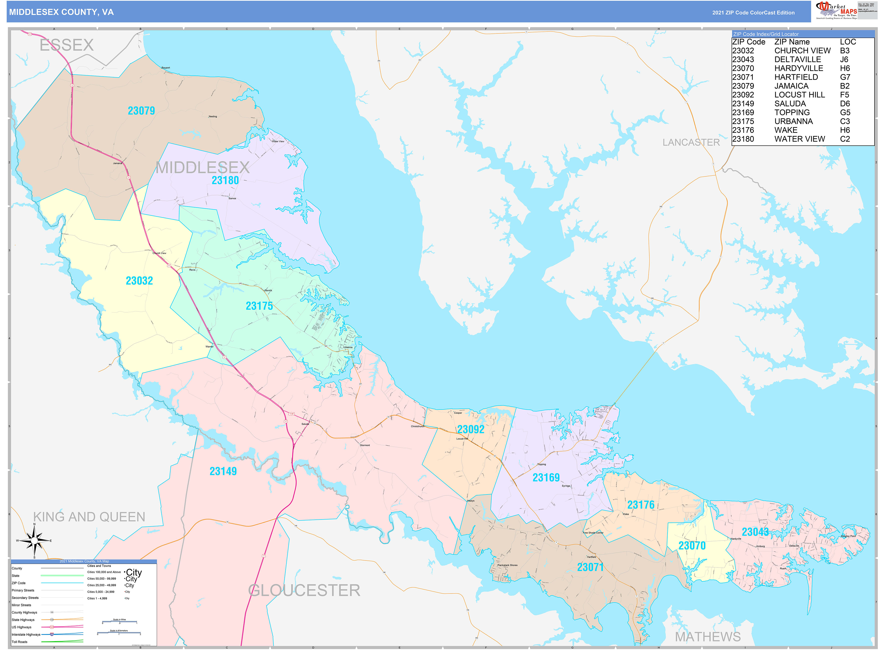 Middlesex County, VA Wall Map Color Cast Style by MarketMAPS MapSales