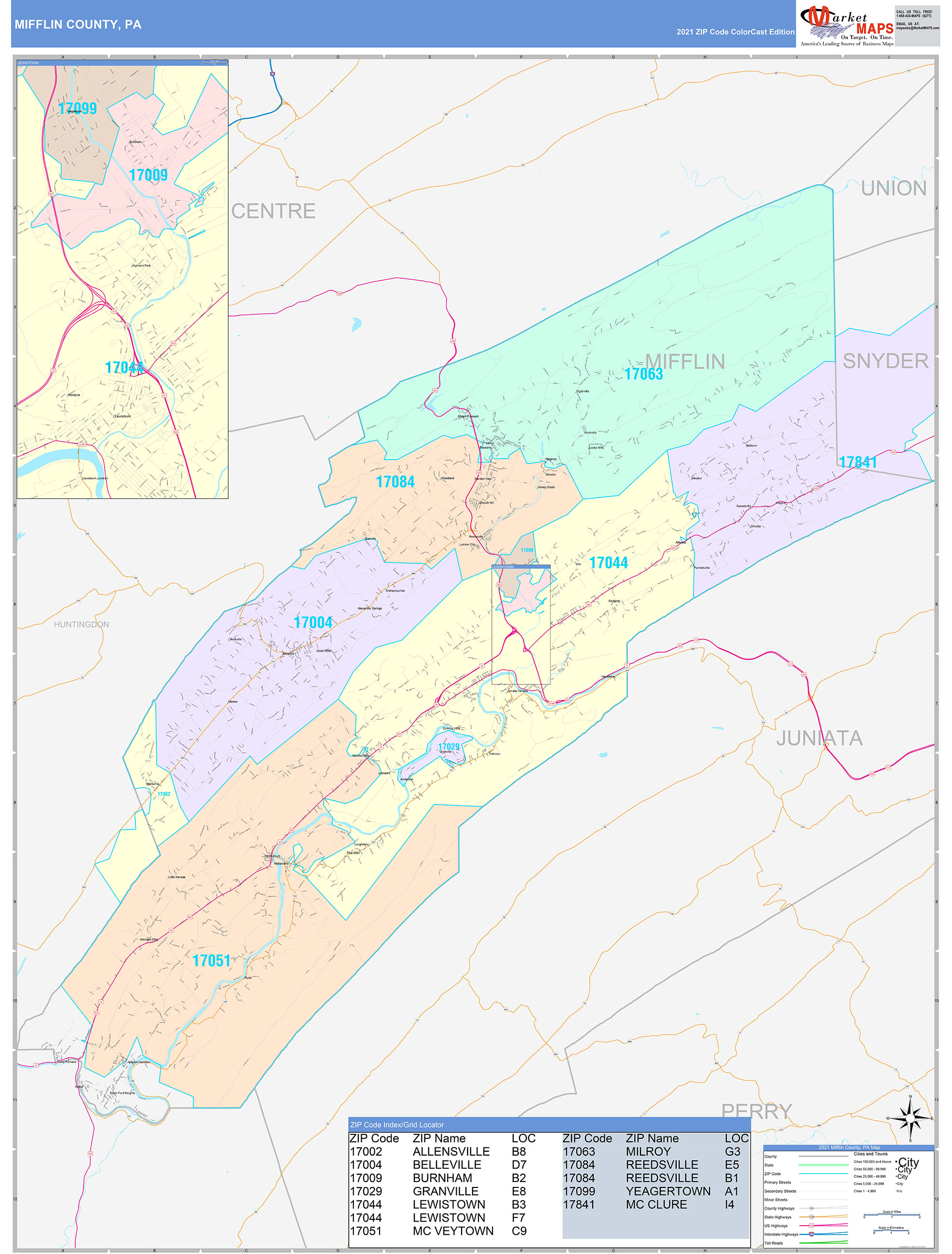 Mifflin County, PA Wall Map Color Cast Style by MarketMAPS - MapSales.com