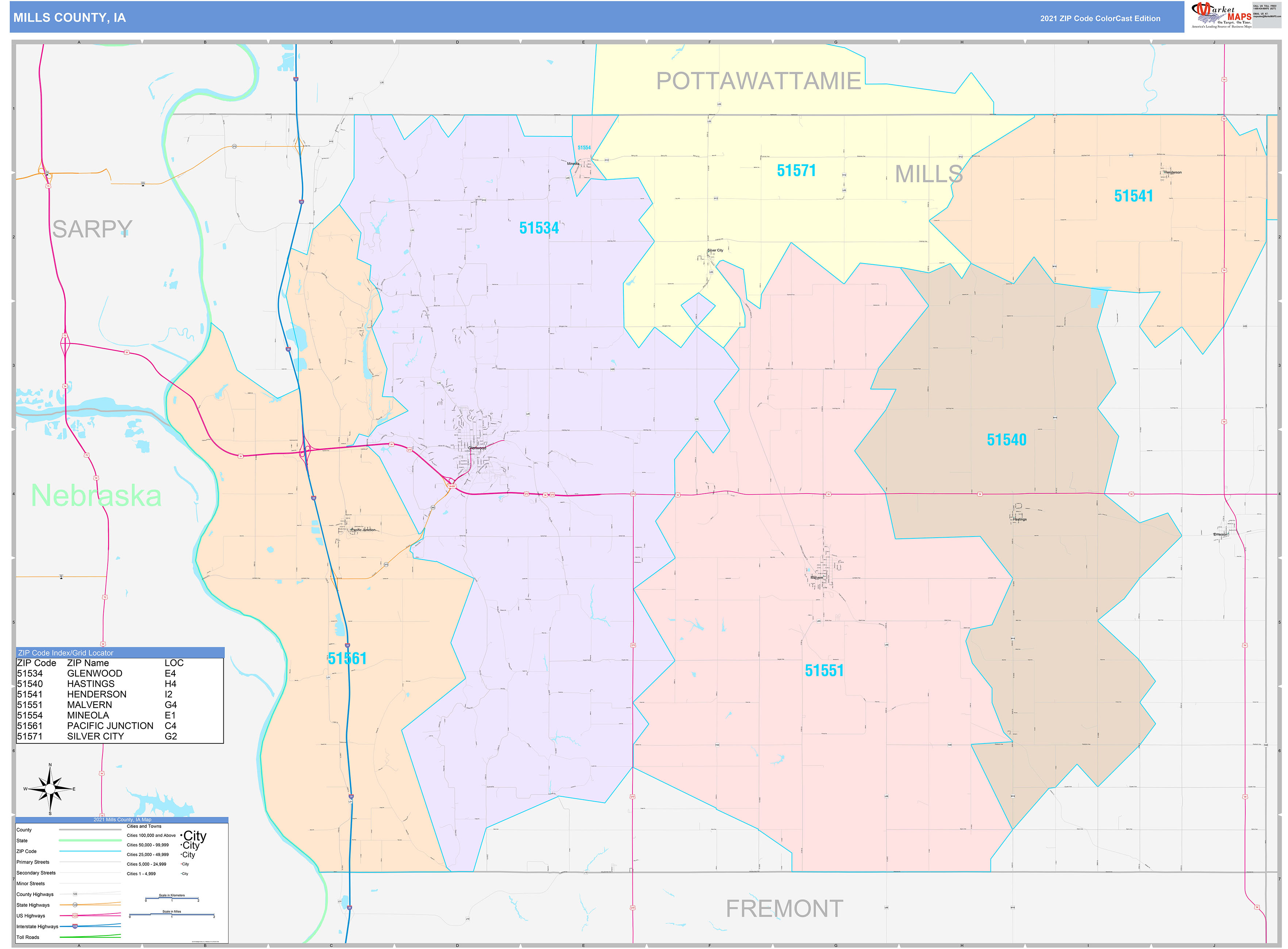 Mills County, IA Wall Map Color Cast Style by MarketMAPS