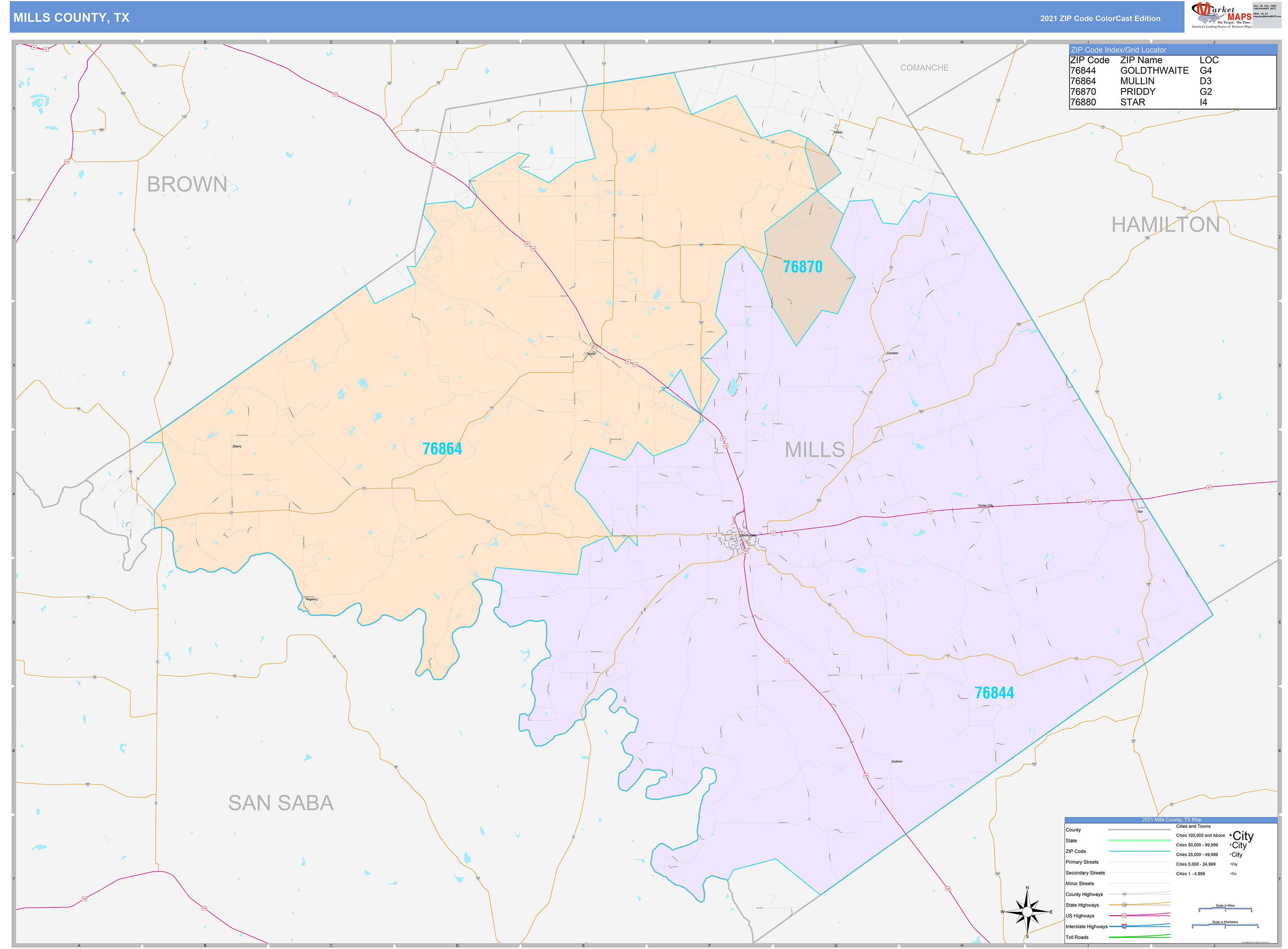 Mills County, TX Wall Map Color Cast Style by MarketMAPS