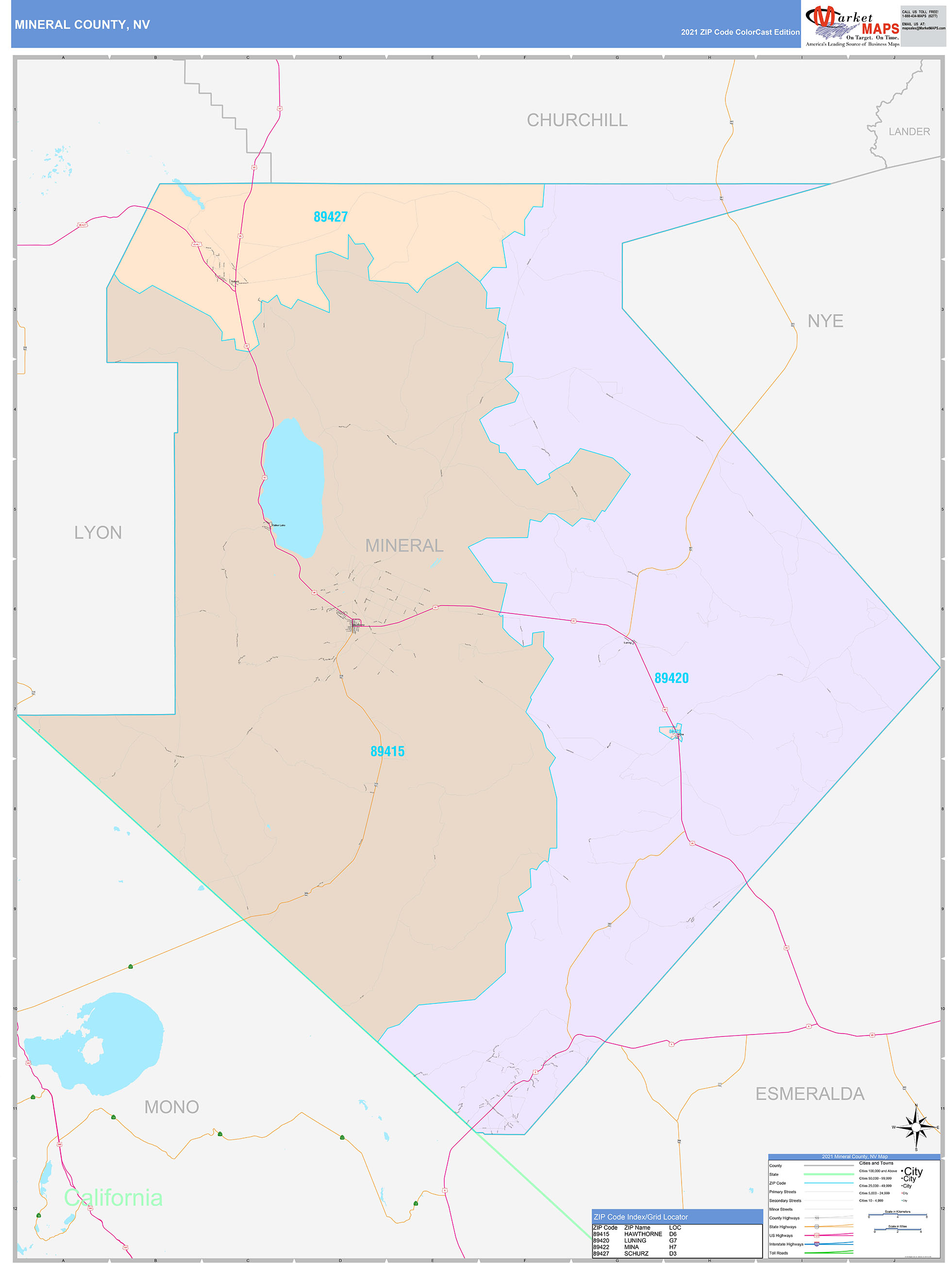 Mineral County, NV Wall Map Color Cast Style by MarketMAPS