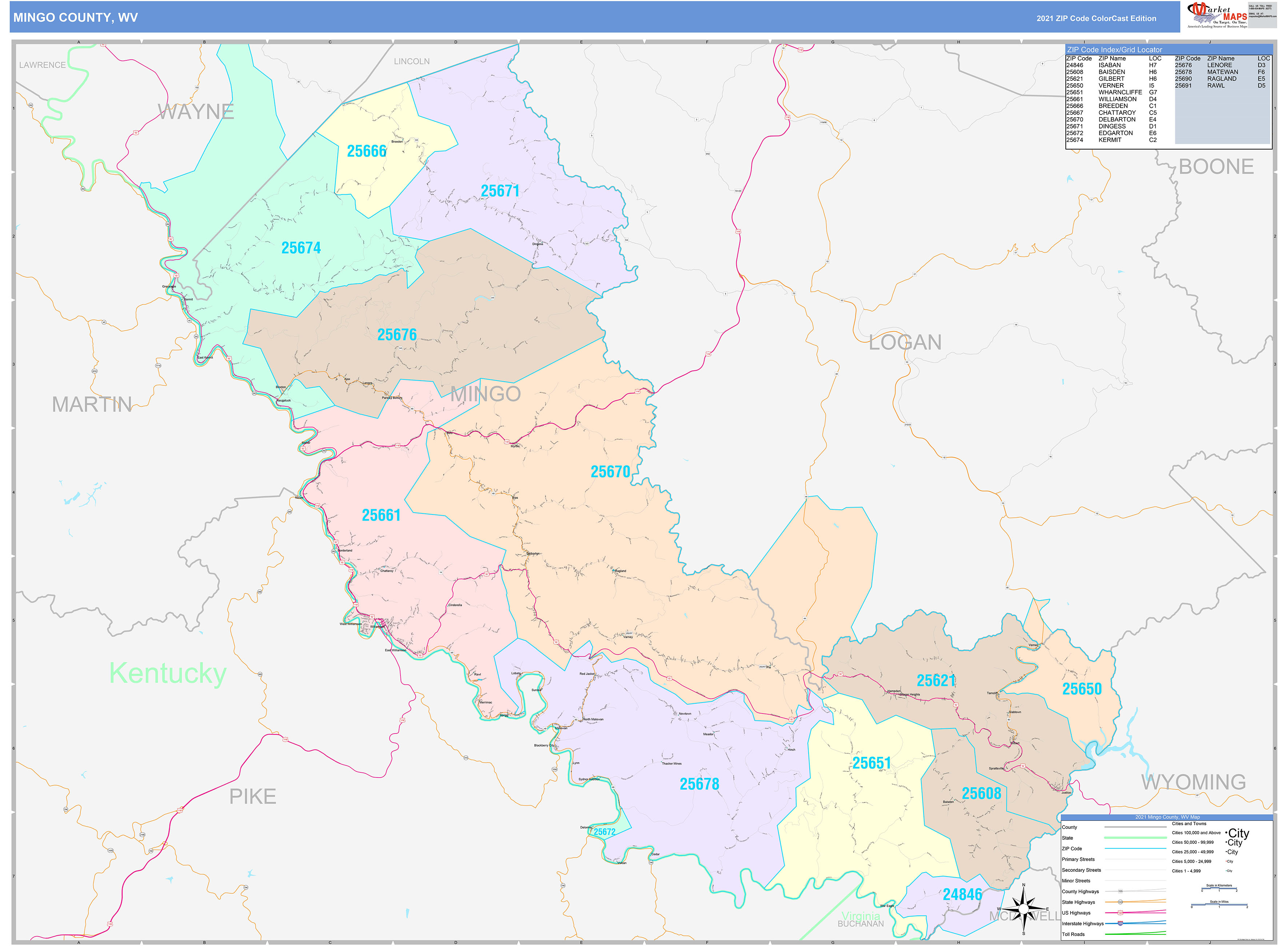 Mingo County, WV Wall Map Color Cast Style by MarketMAPS