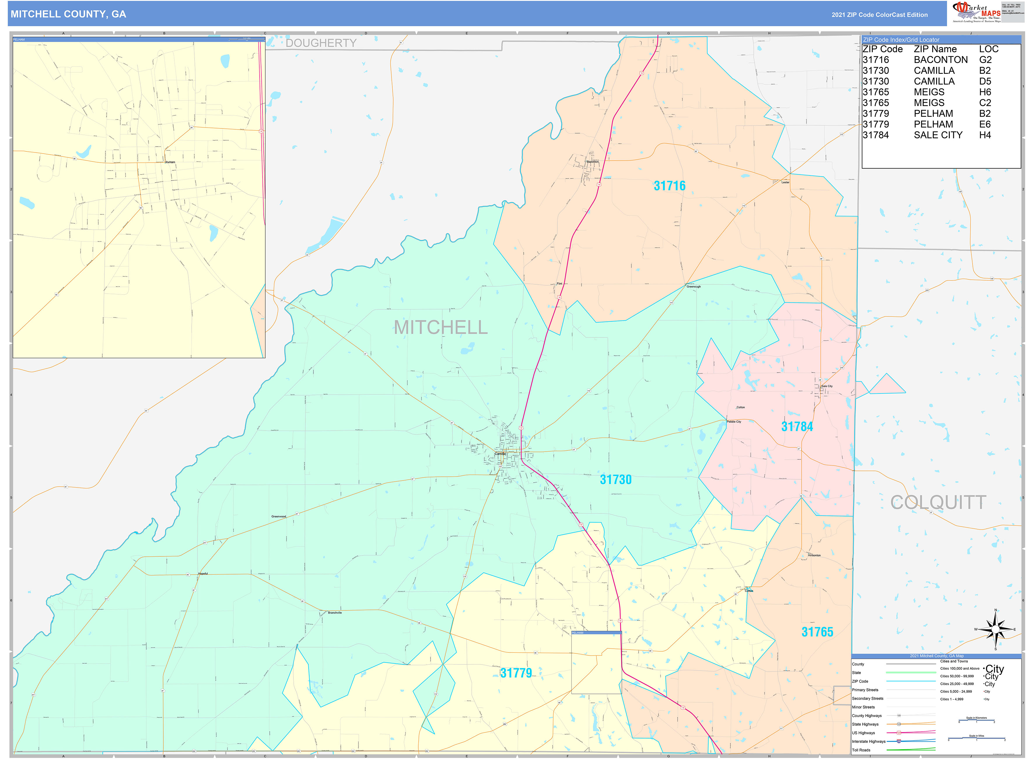 Mitchell County, GA Wall Map Color Cast Style by MarketMAPS