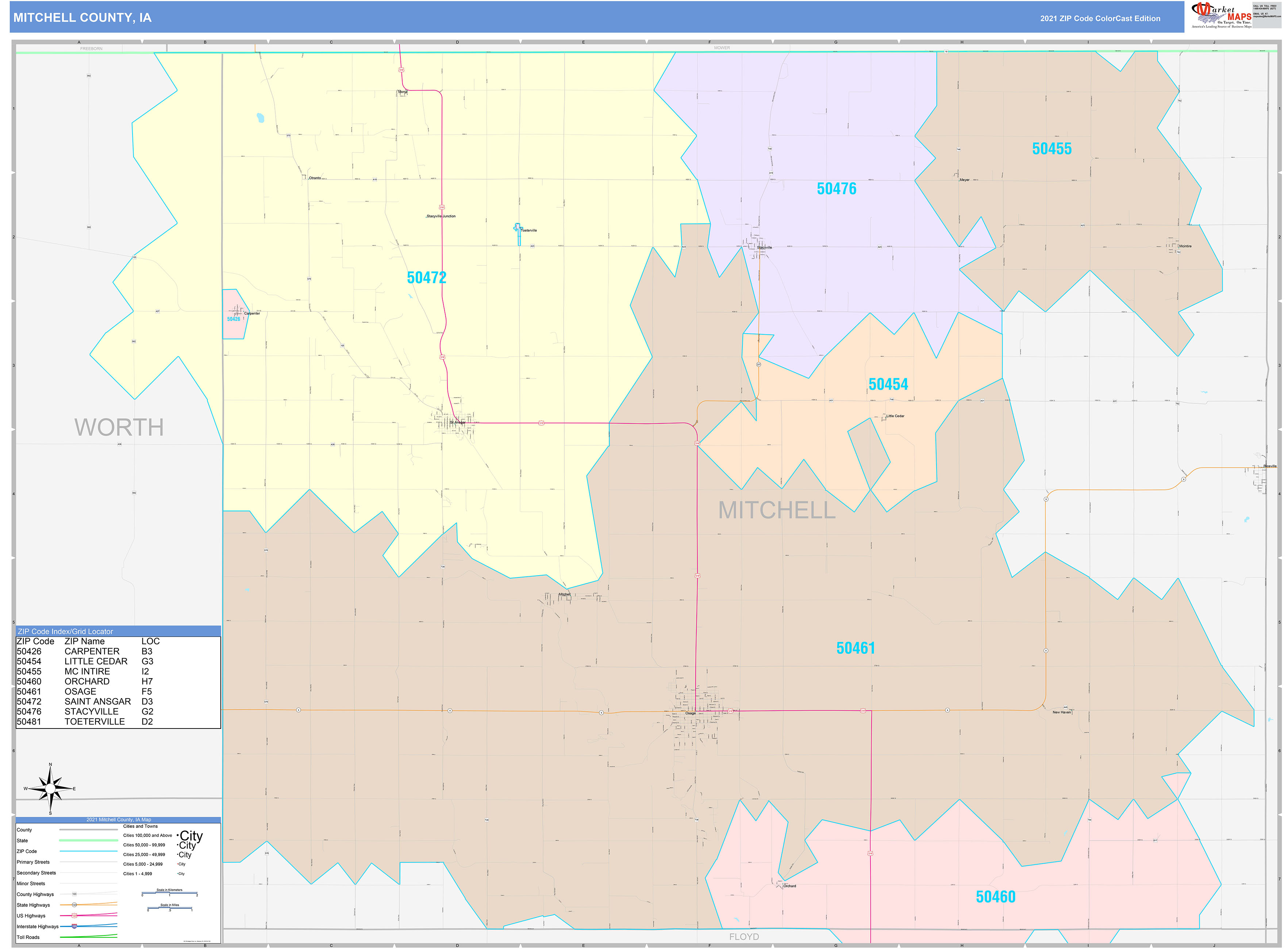 Mitchell County, IA Wall Map Color Cast Style by MarketMAPS