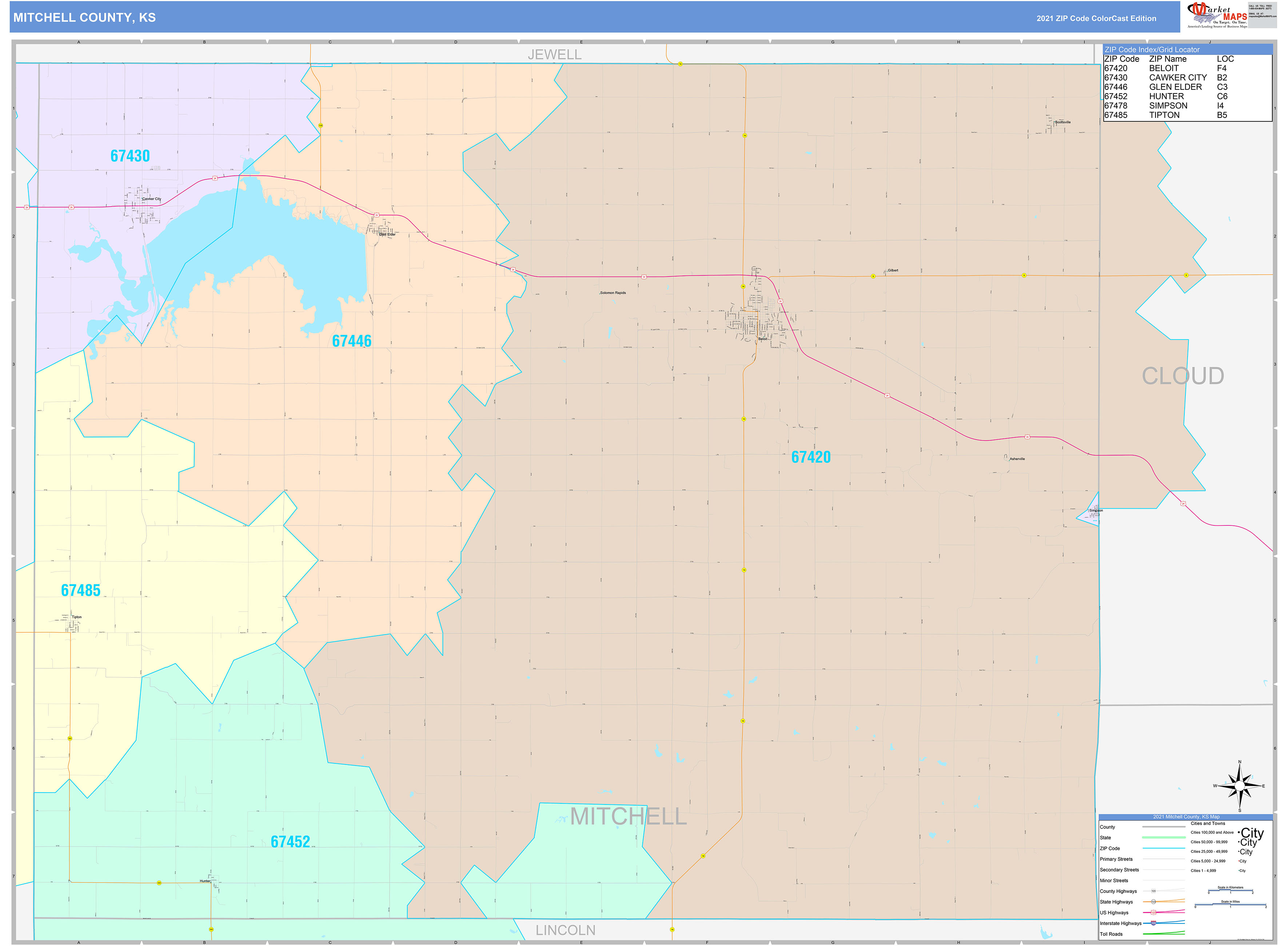 Mitchell County, KS Wall Map Color Cast Style by MarketMAPS
