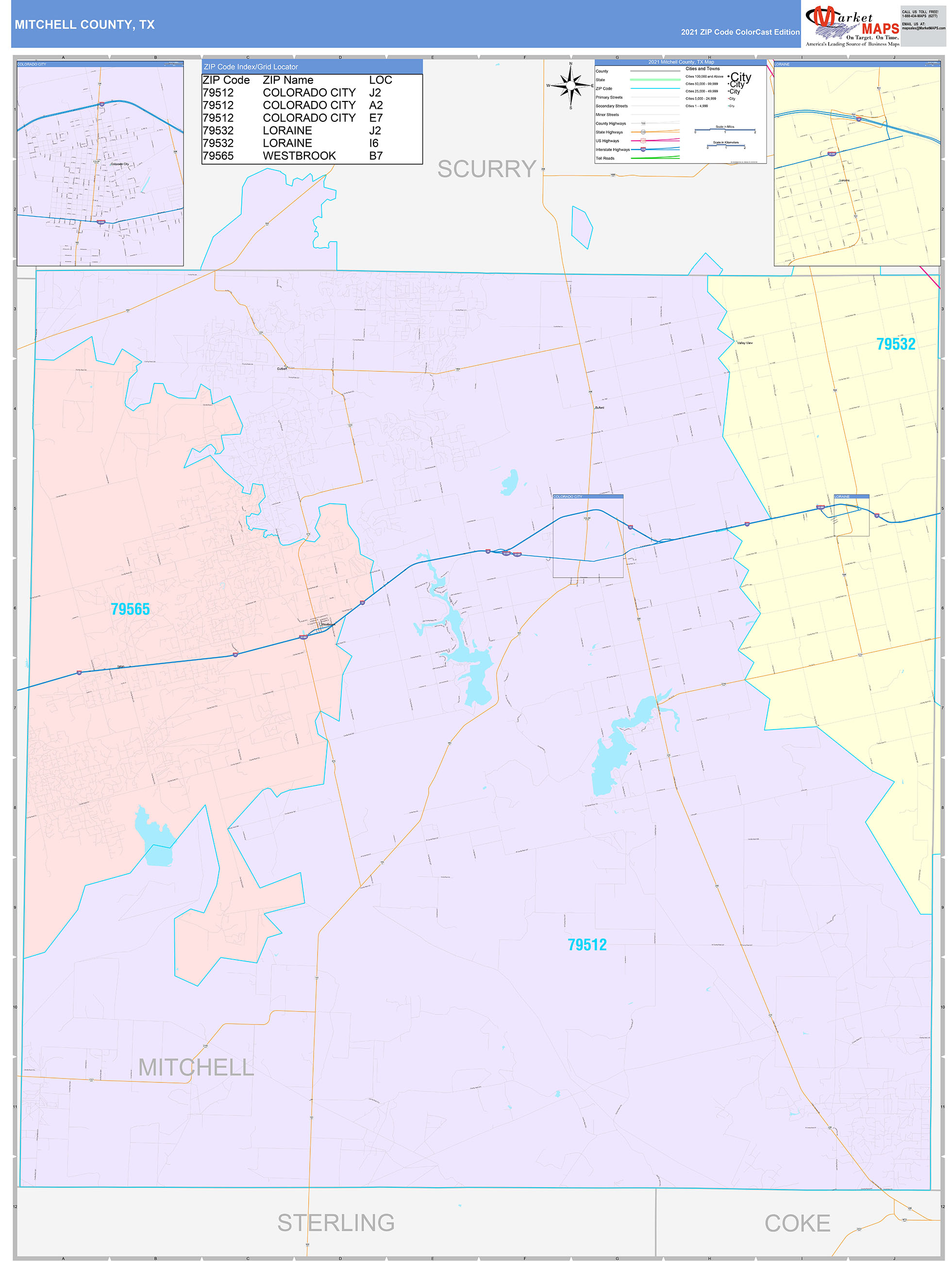 Mitchell County, TX Wall Map Color Cast Style by MarketMAPS
