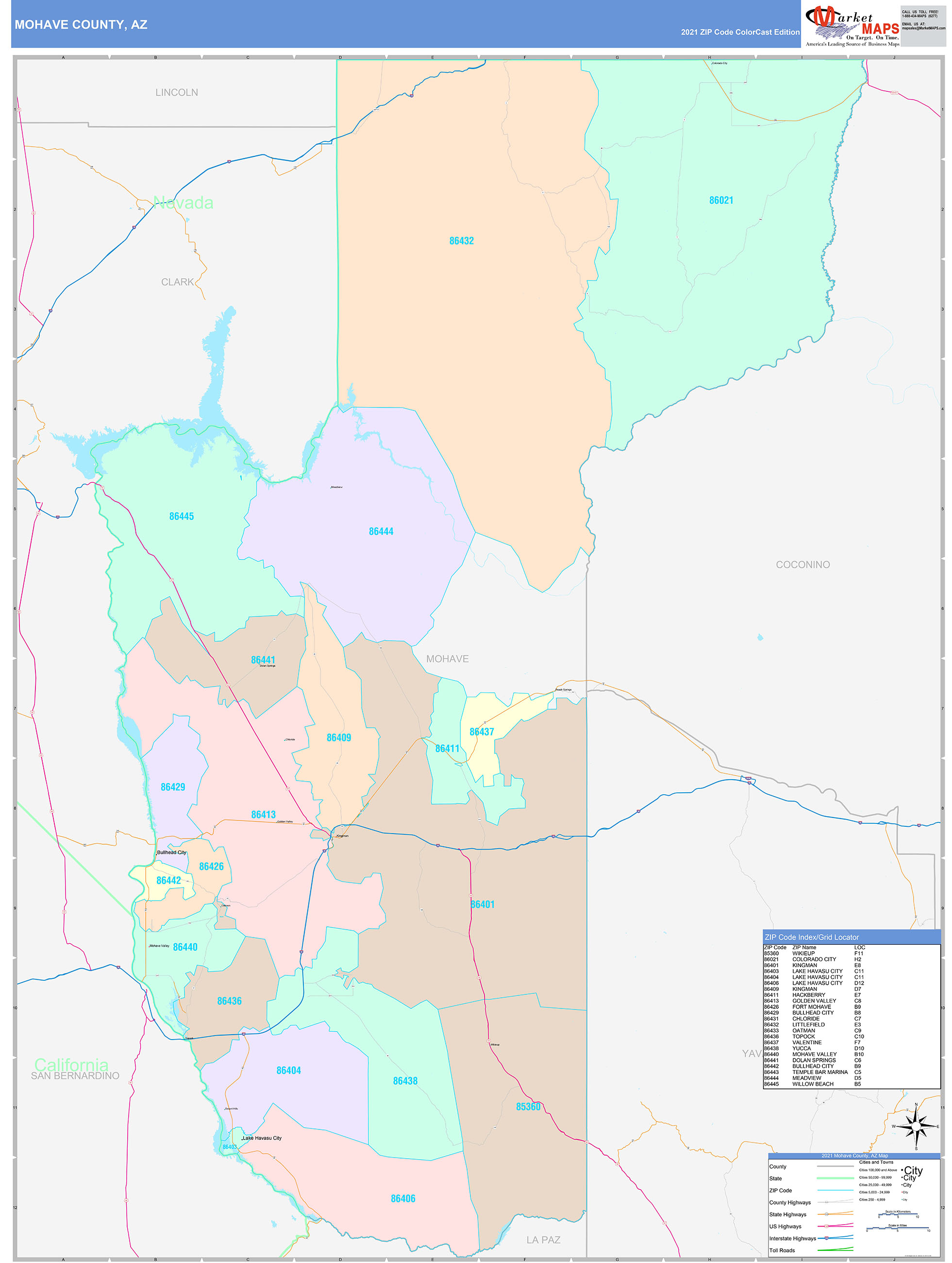 Mohave County, AZ Wall Map Color Cast Style by MarketMAPS