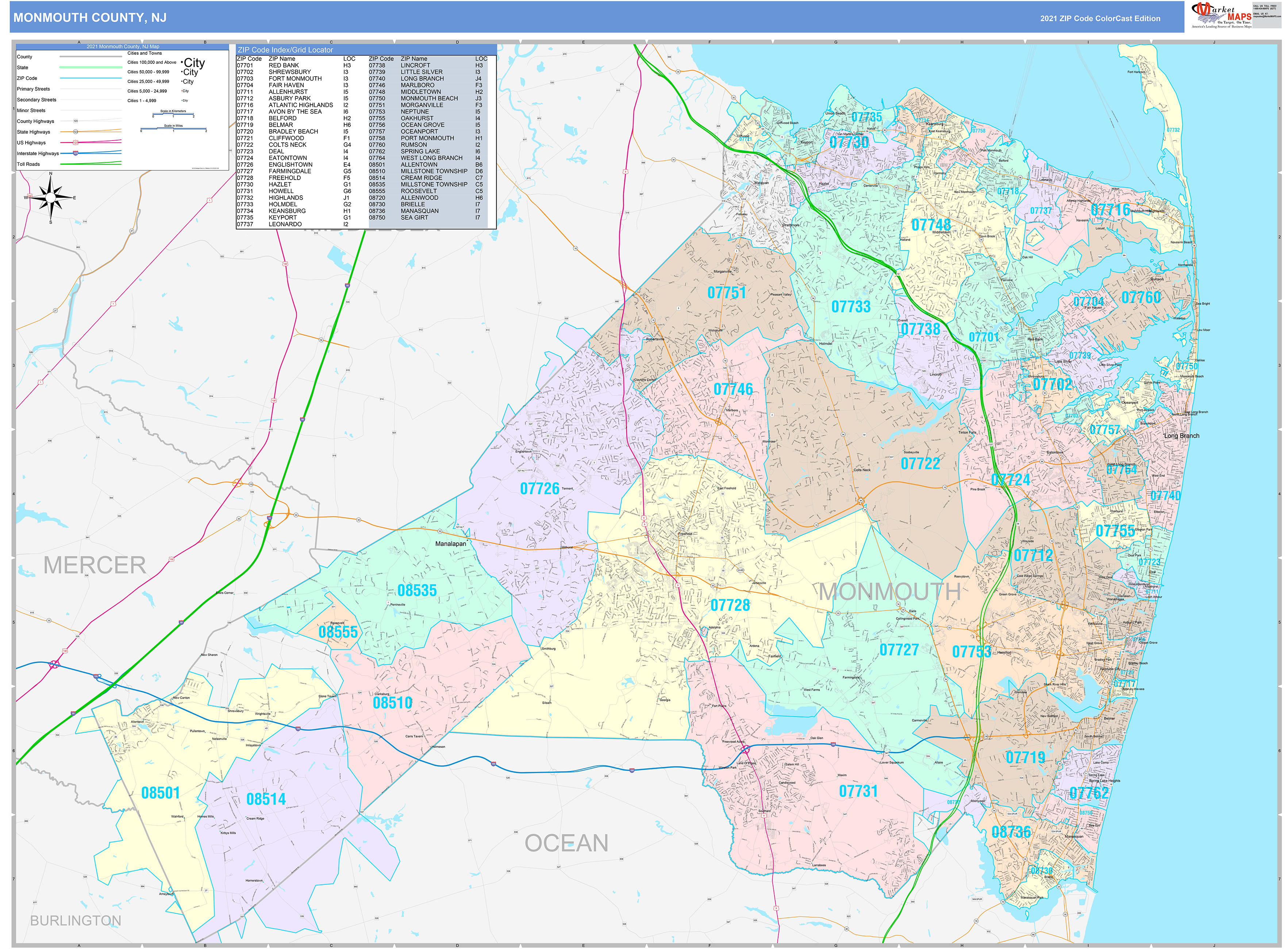 Monmouth County, NJ Wall Map Color Cast Style by MarketMAPS - MapSales