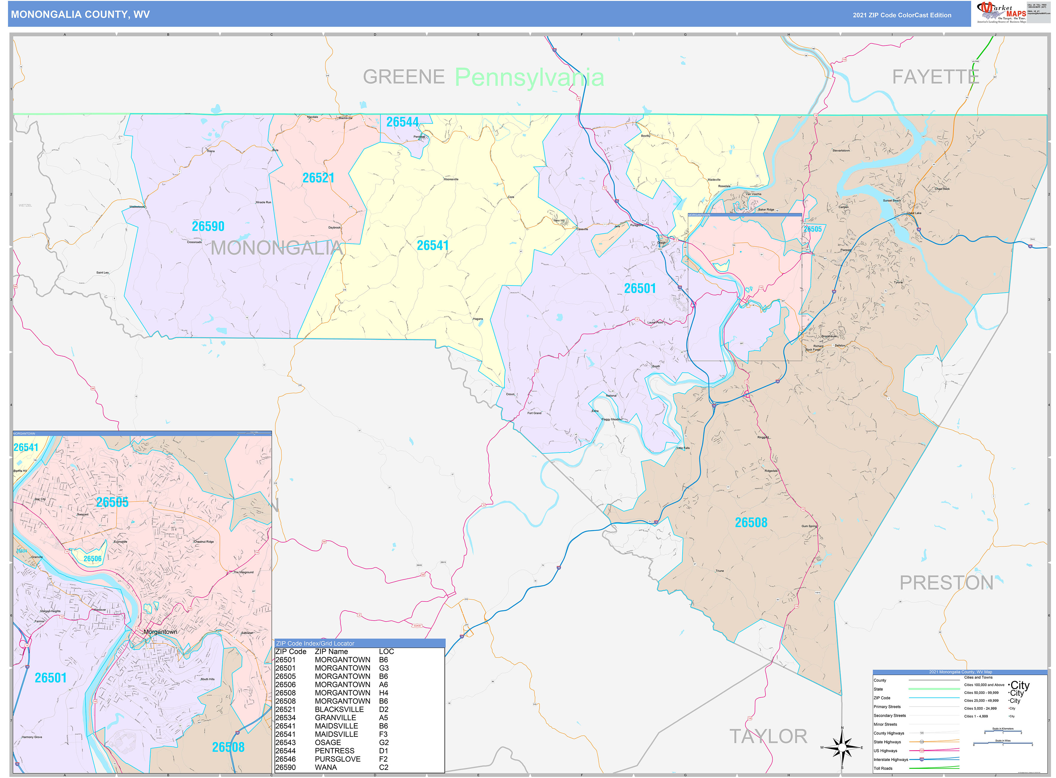 Monongalia County, WV Wall Map Color Cast Style by MarketMAPS MapSales