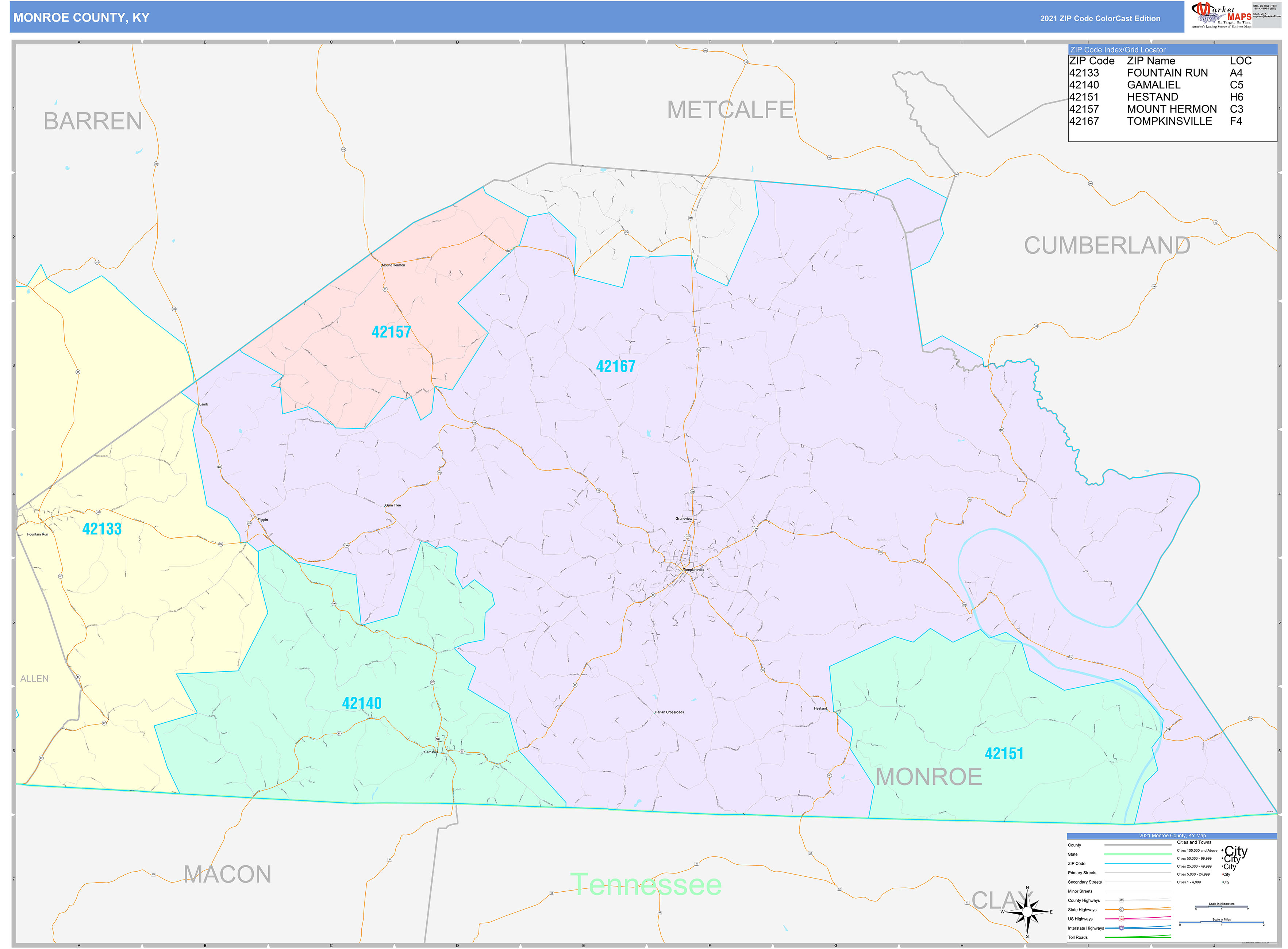 Monroe County, KY Wall Map Color Cast Style by MarketMAPS MapSales