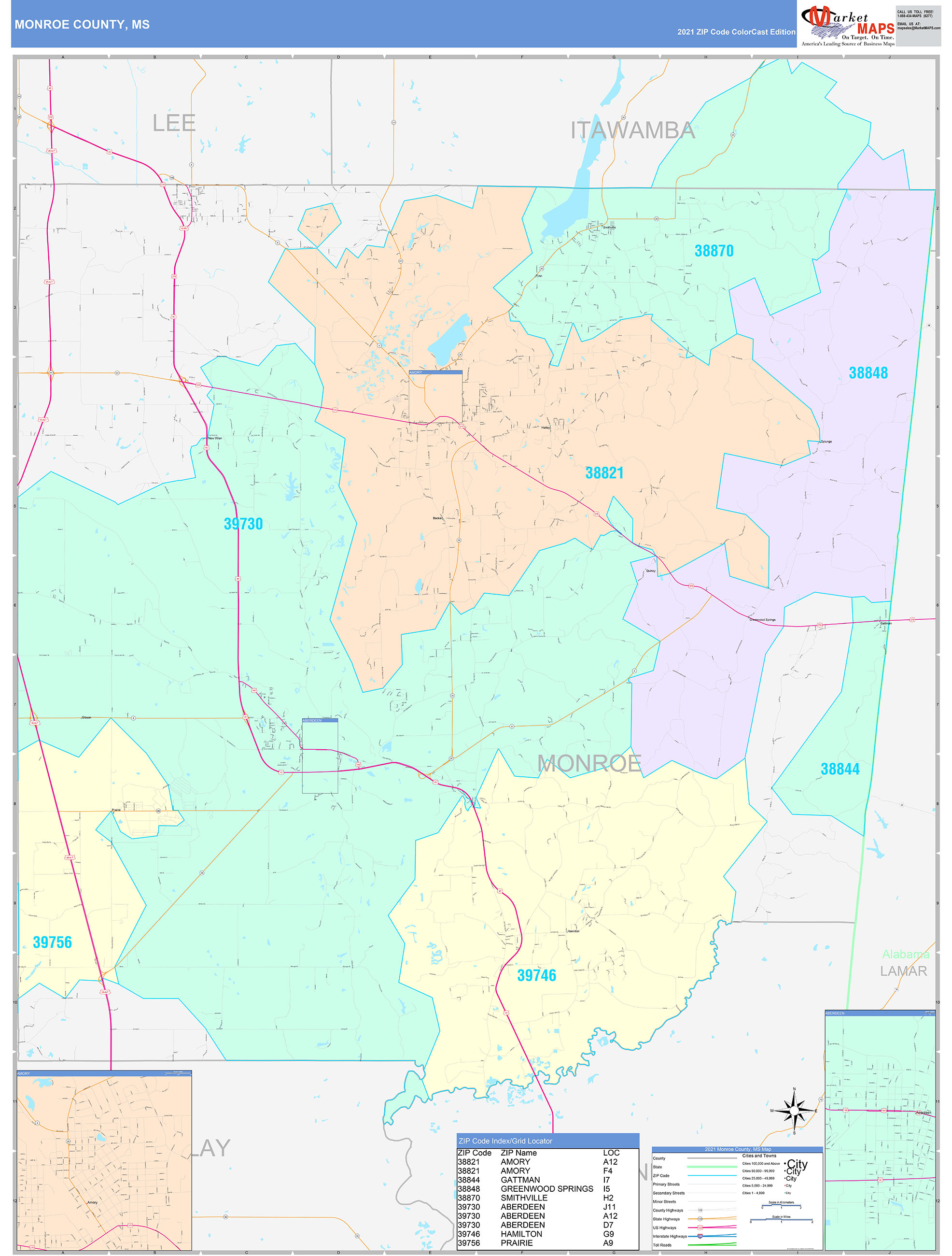 Monroe County, MS Wall Map Color Cast Style by MarketMAPS