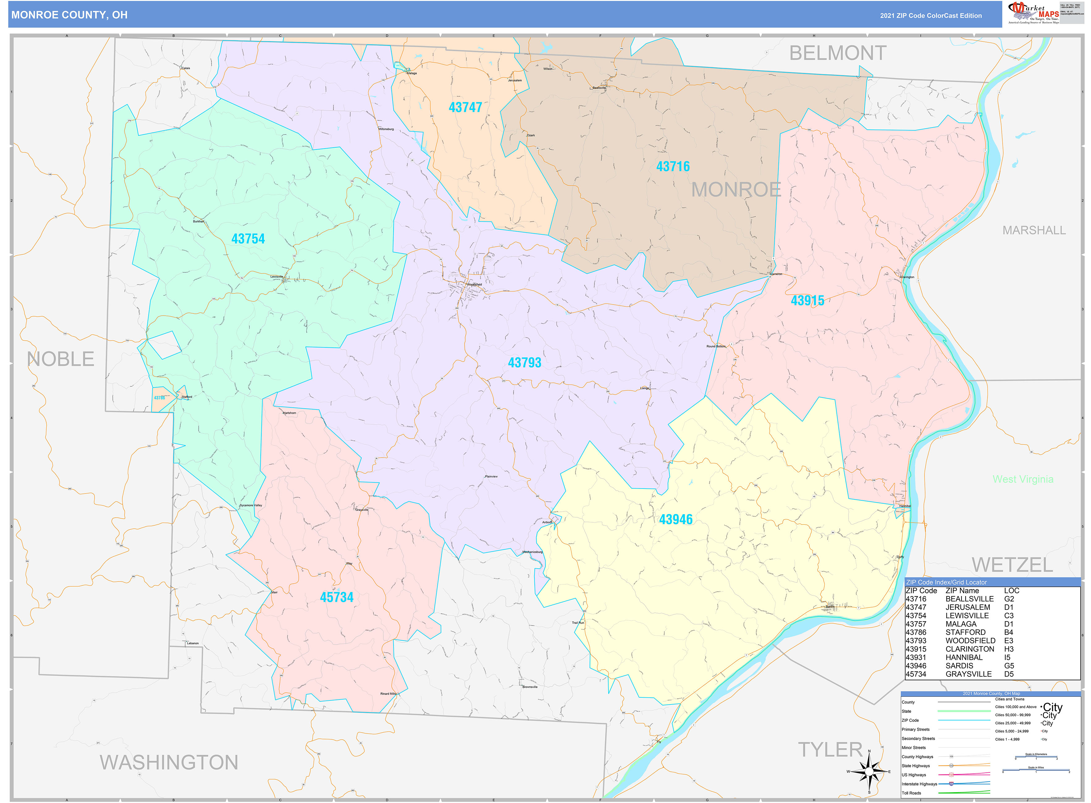 Monroe County, OH Wall Map Color Cast Style by MarketMAPS
