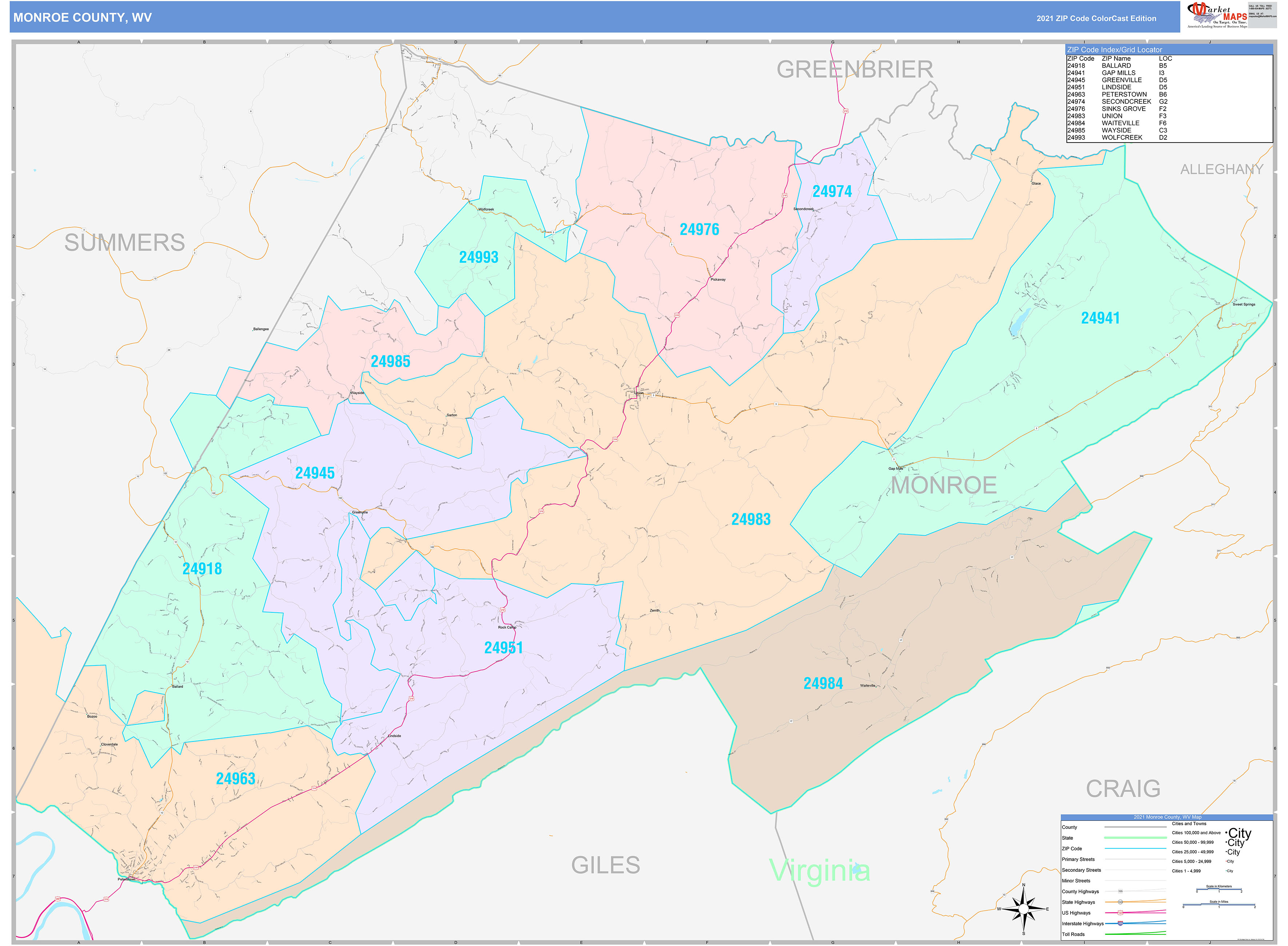 Monroe County, WV Wall Map Color Cast Style by MarketMAPS