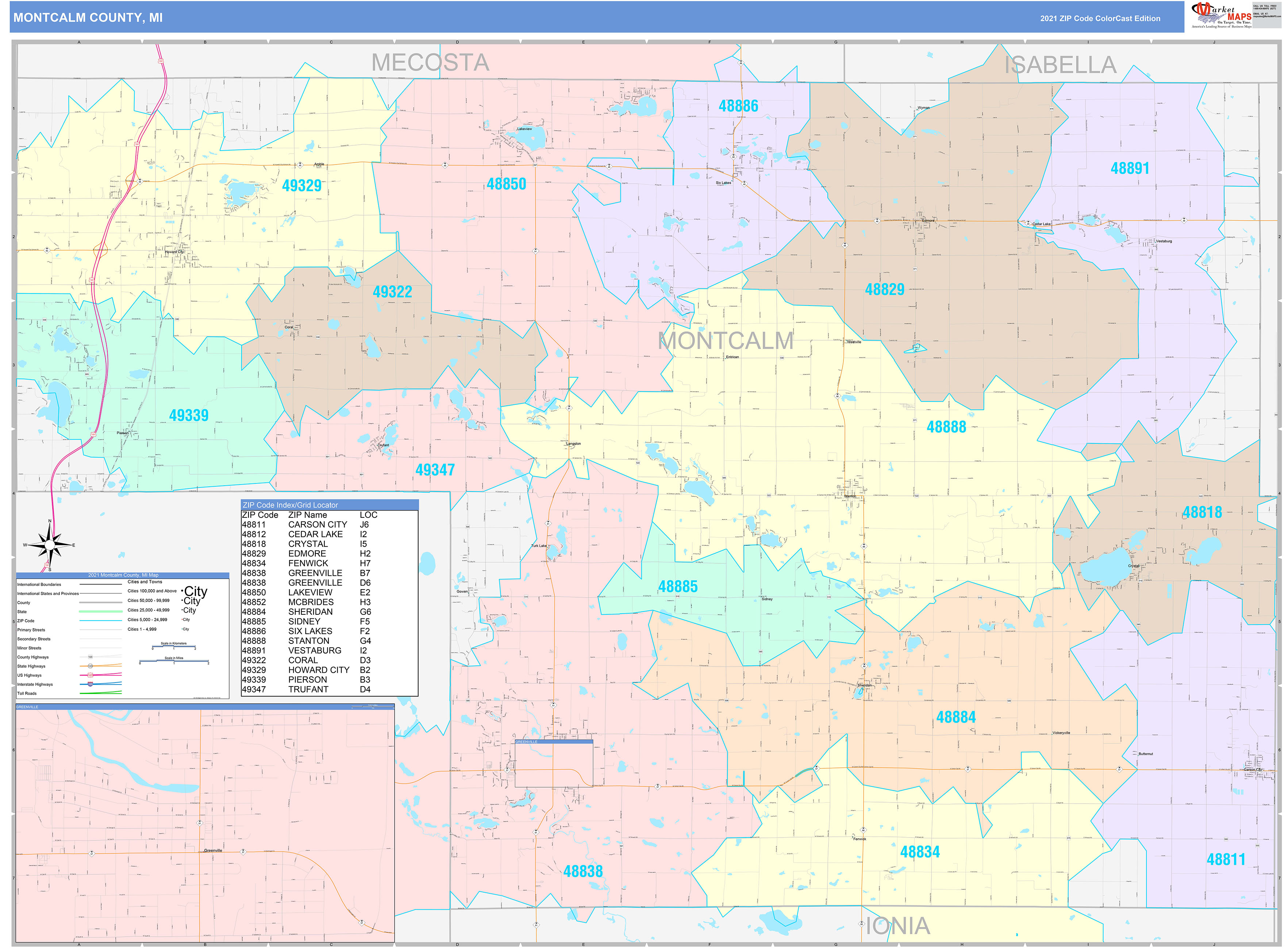 Montcalm County, MI Wall Map Color Cast Style by MarketMAPS