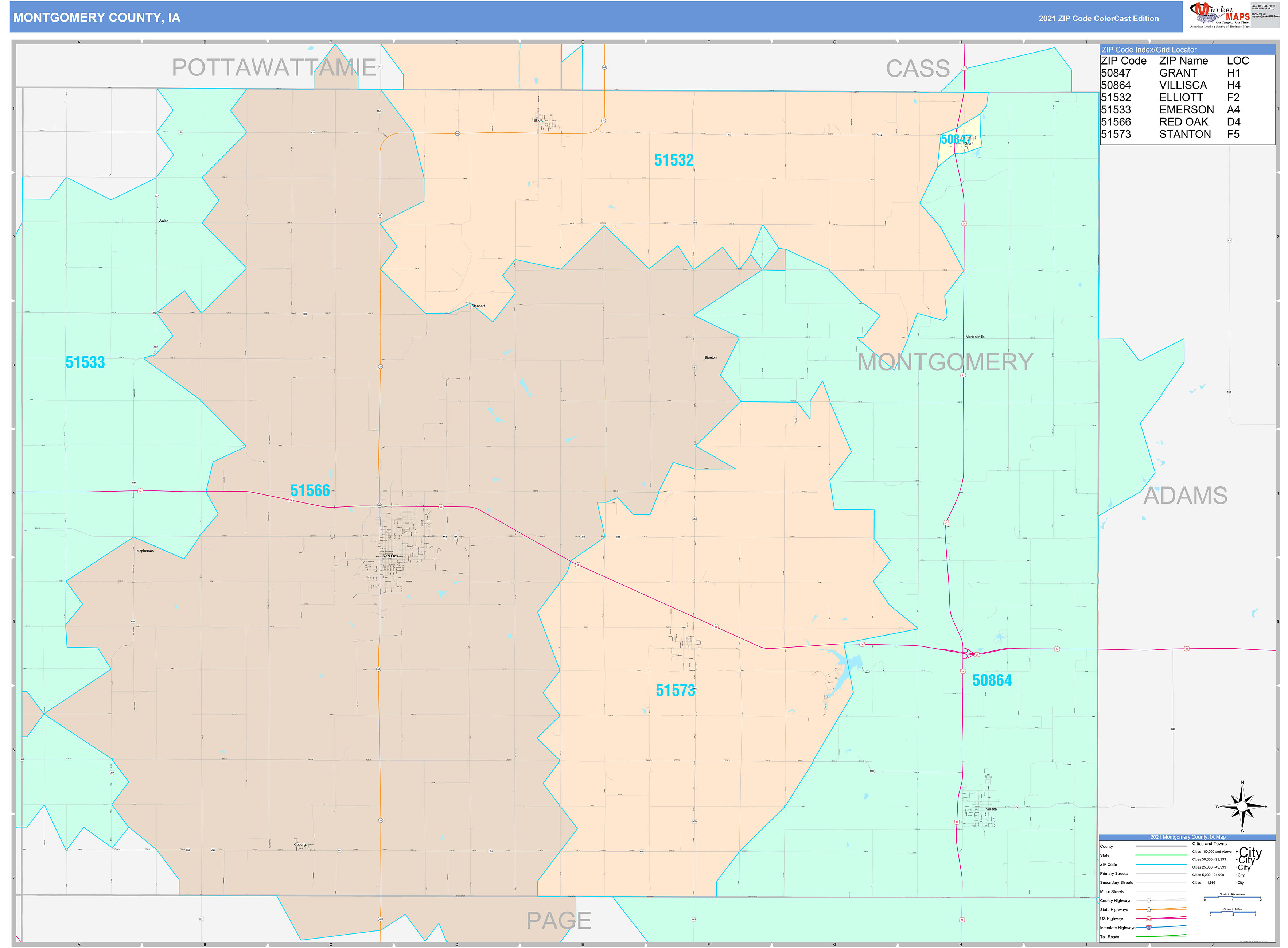 Montgomery County, IA Wall Map Color Cast Style by MarketMAPS