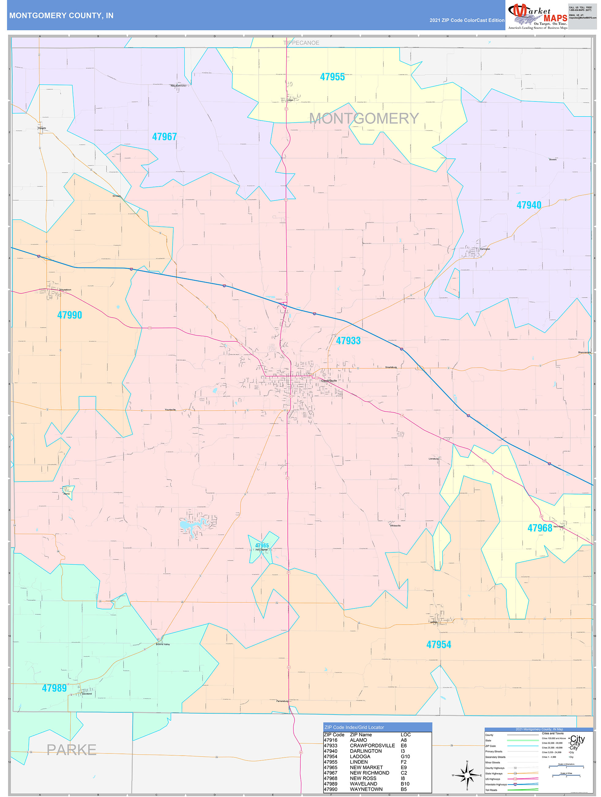 Montgomery County, IN Wall Map Color Cast Style by MarketMAPS MapSales