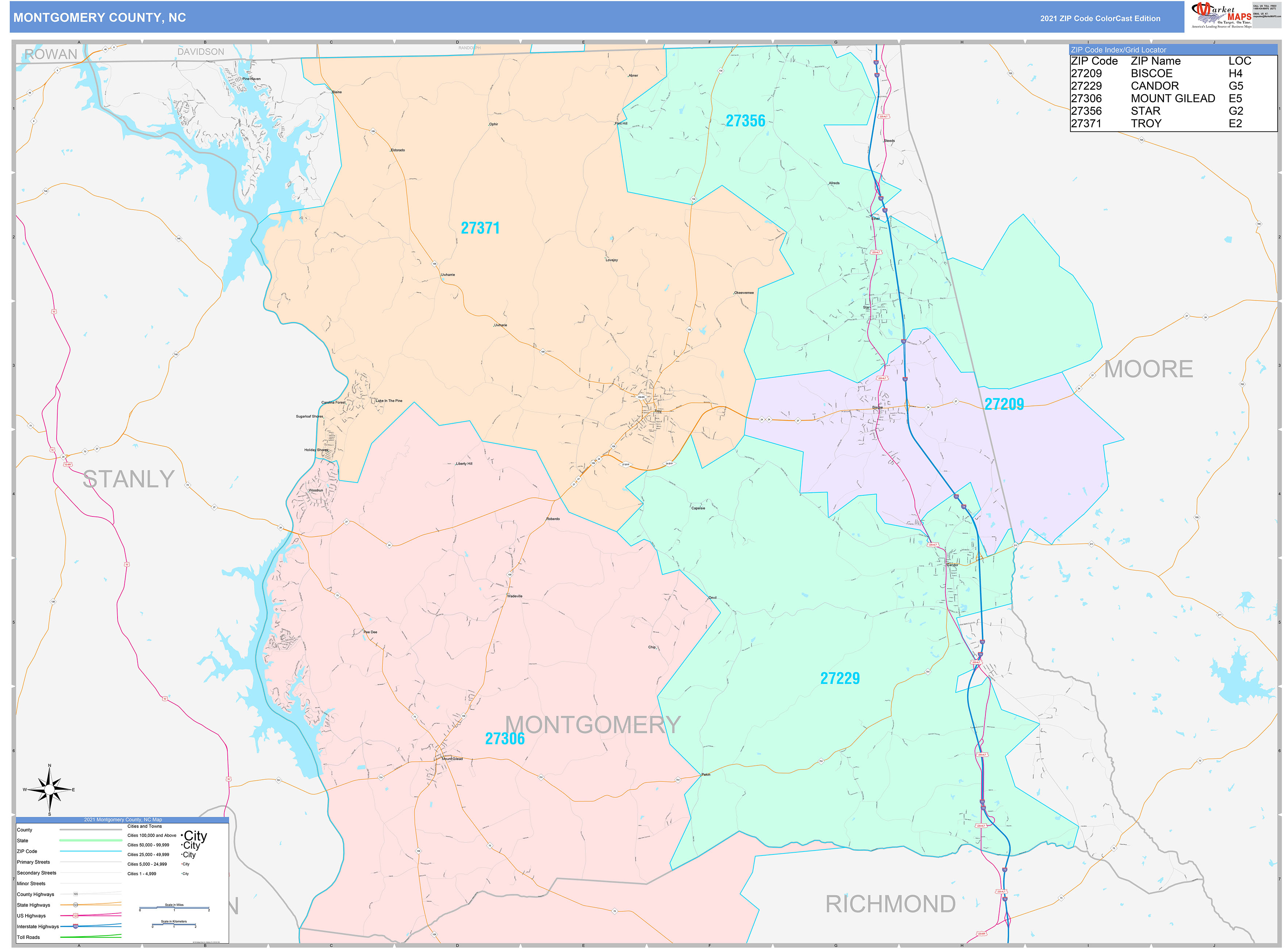 Montgomery County, NC Wall Map Color Cast Style by MarketMAPS