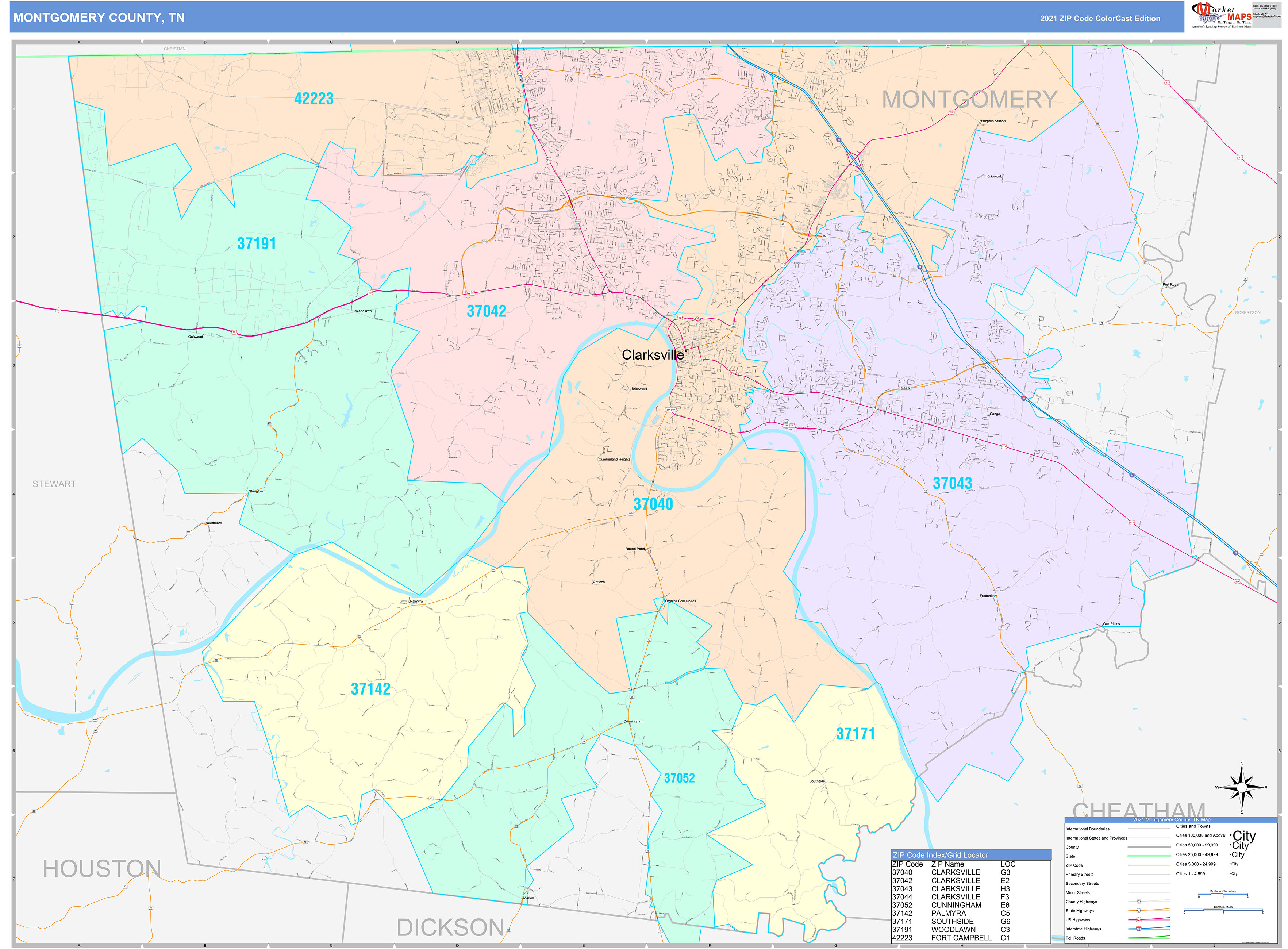 Montgomery County, TN Wall Map Color Cast Style by MarketMAPS