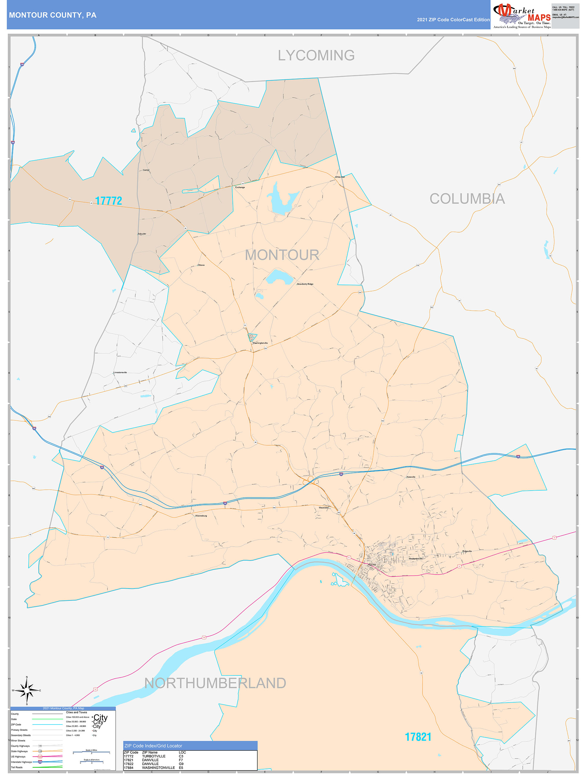 Montour County, PA Wall Map Color Cast Style by MarketMAPS MapSales