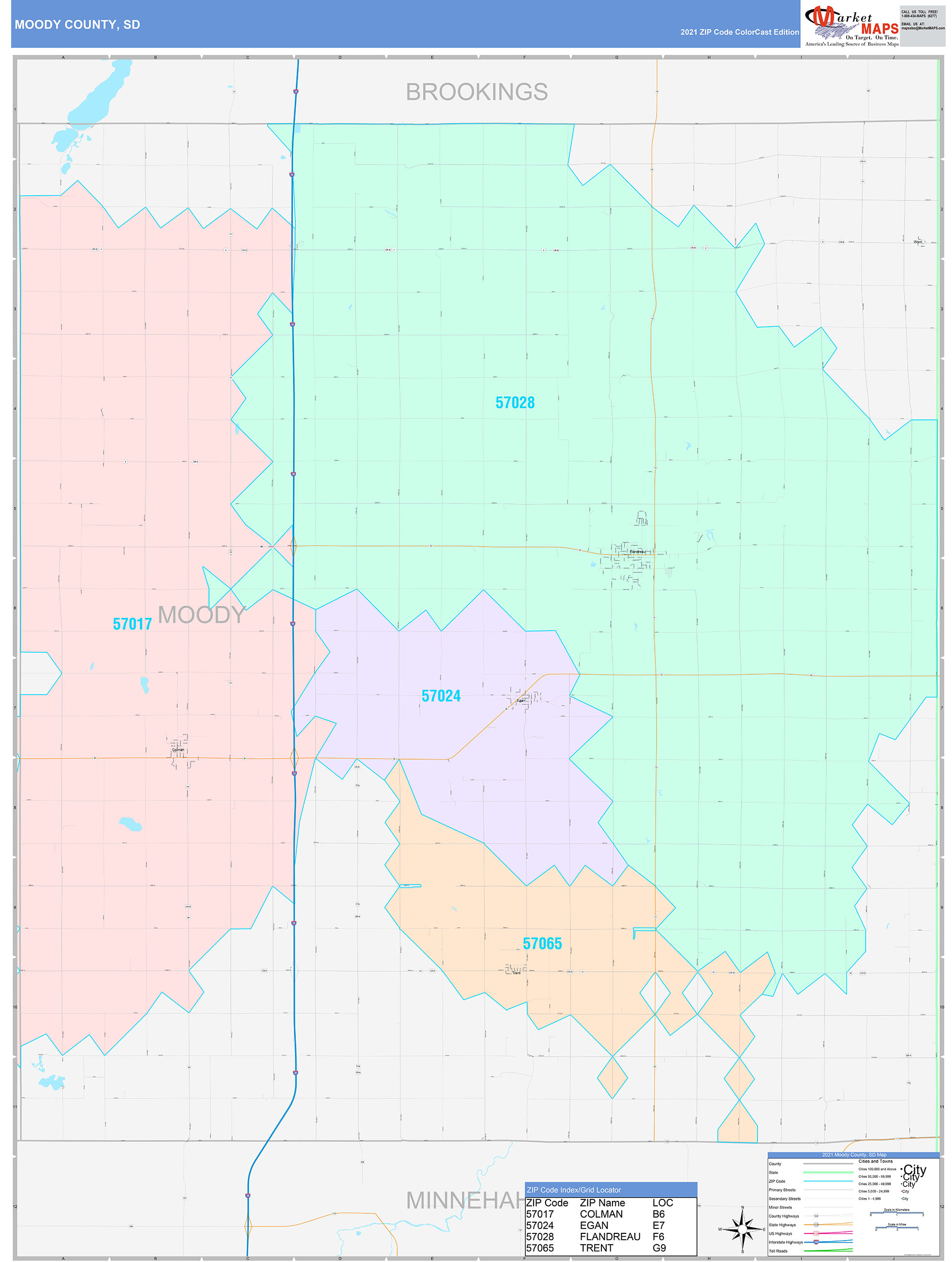 Moody County, SD Wall Map Color Cast Style by MarketMAPS