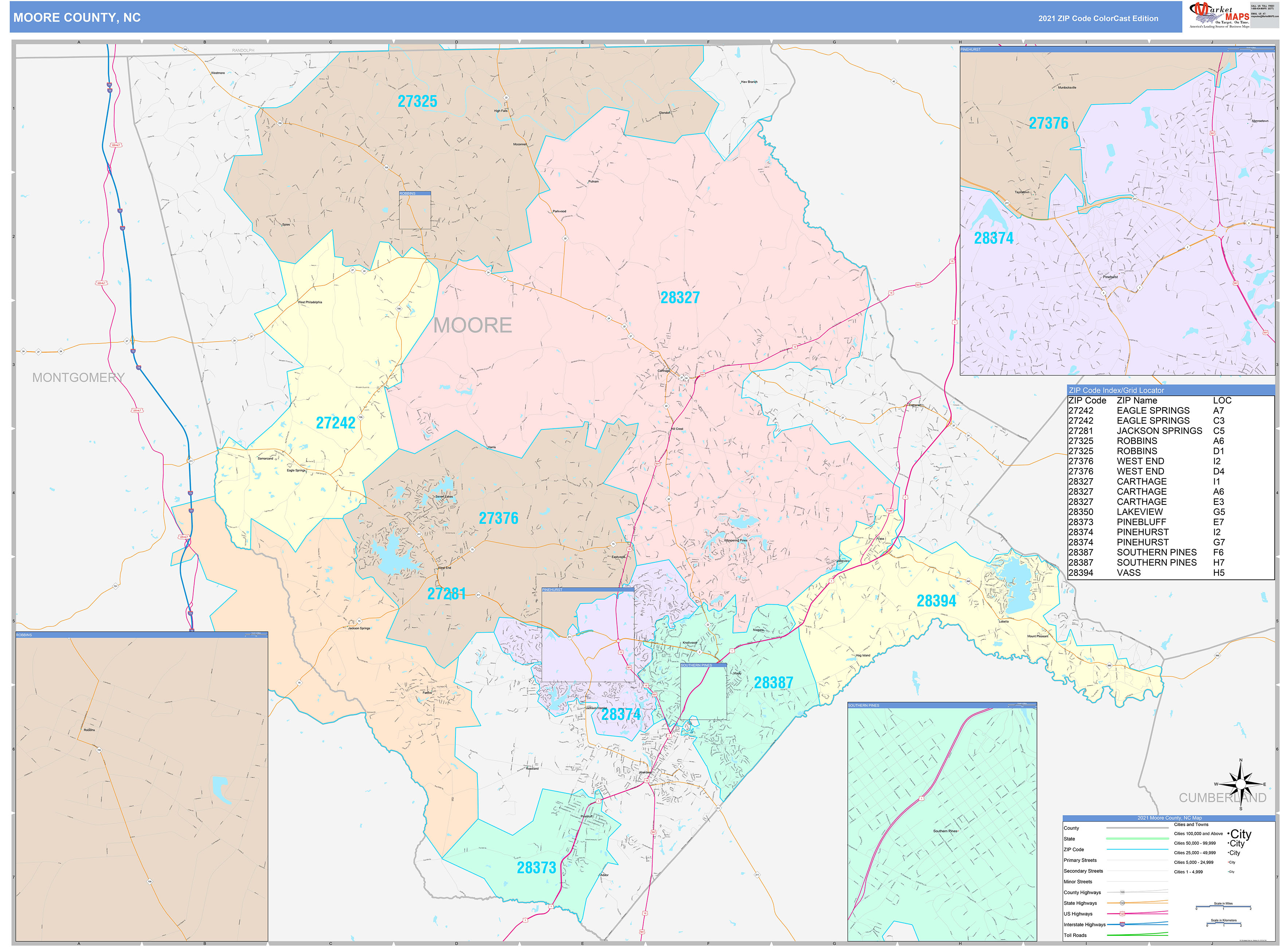 Moore County, NC Wall Map Color Cast Style by MarketMAPS - MapSales