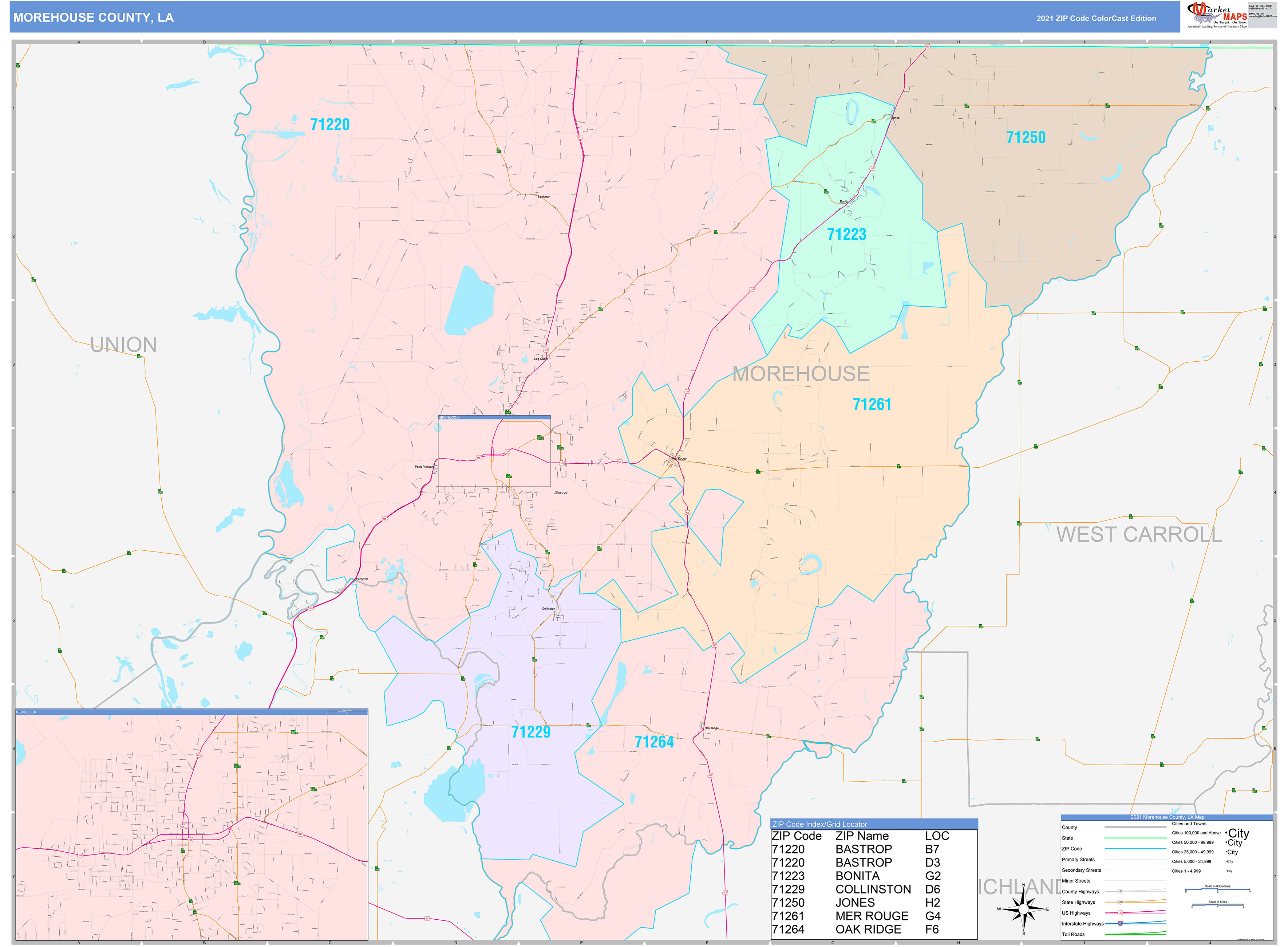 Morehouse County, LA Wall Map Color Cast Style by MarketMAPS MapSales