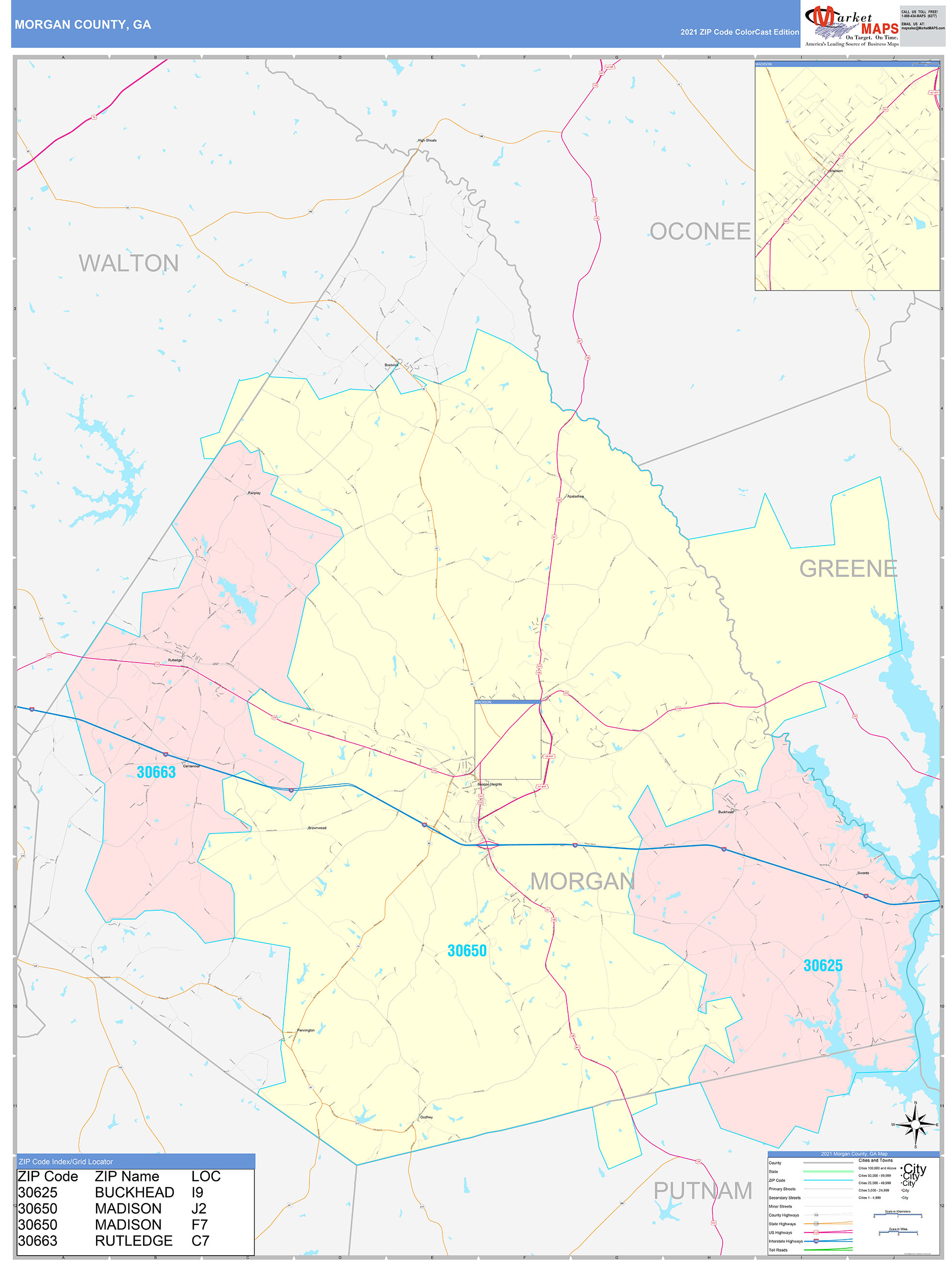 Morgan County, GA Wall Map Color Cast Style by MarketMAPS - MapSales