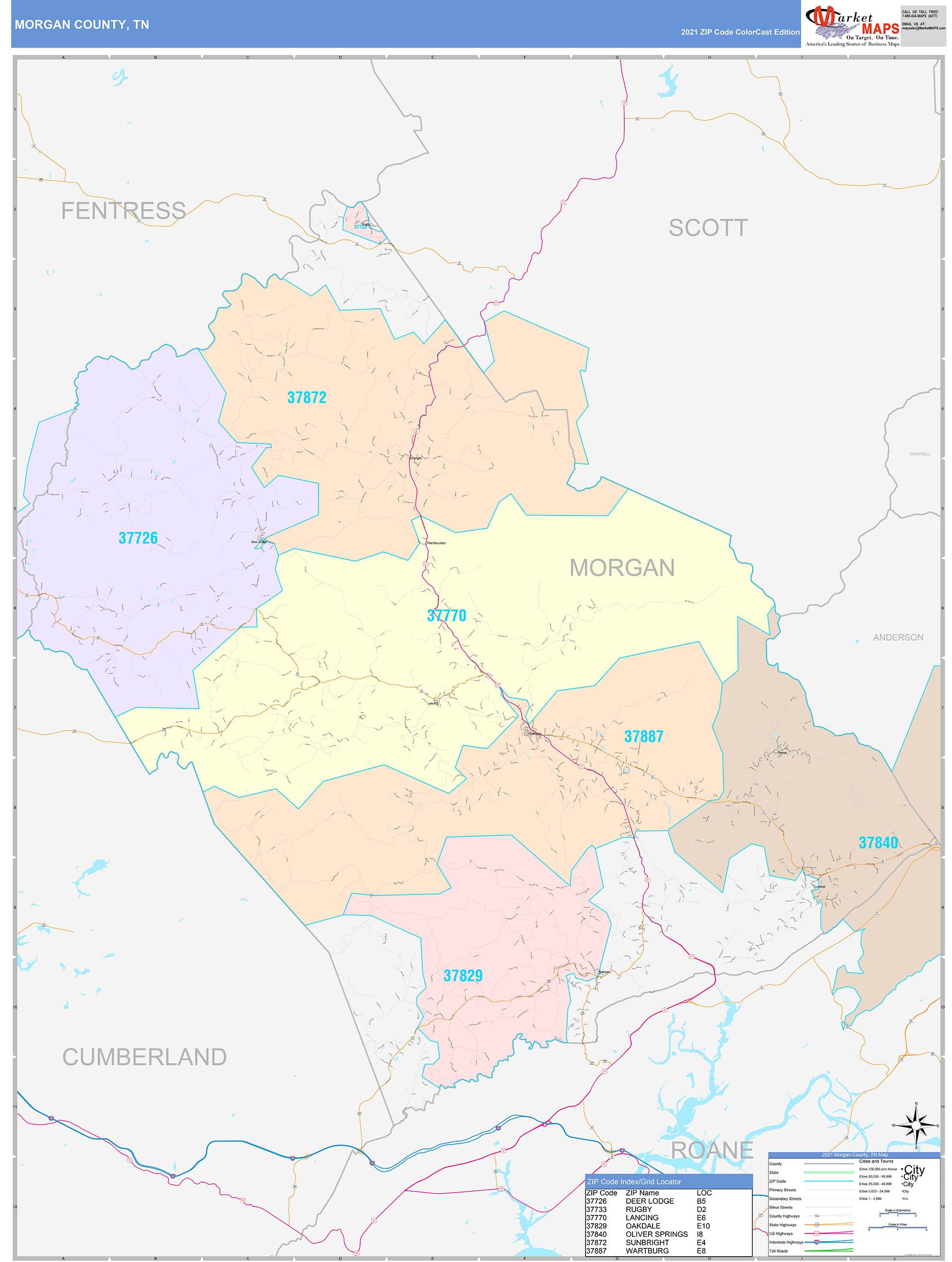 County, TN Wall Map Color Cast Style by MarketMAPS