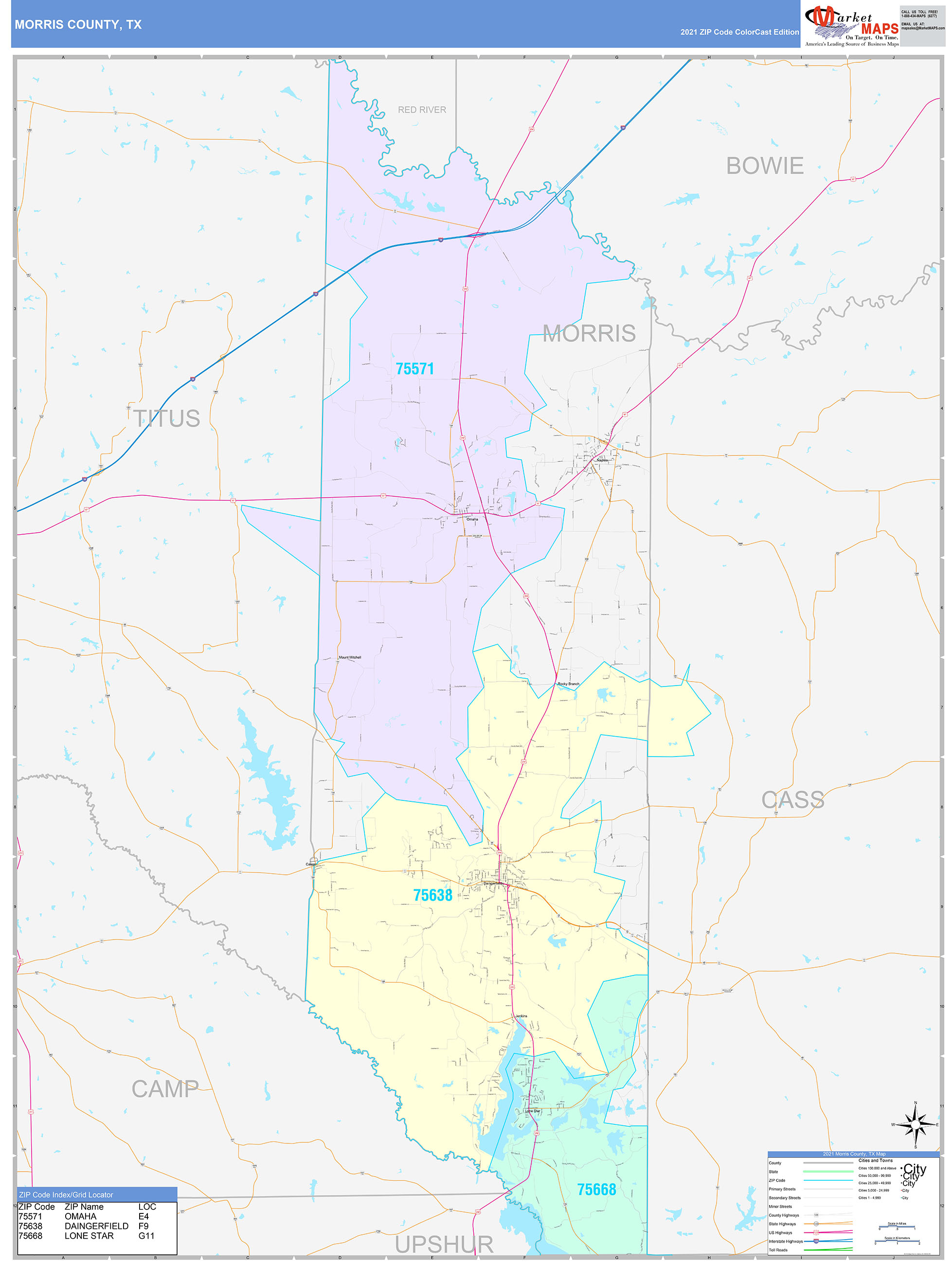 Morris County, TX Wall Map Color Cast Style by MarketMAPS