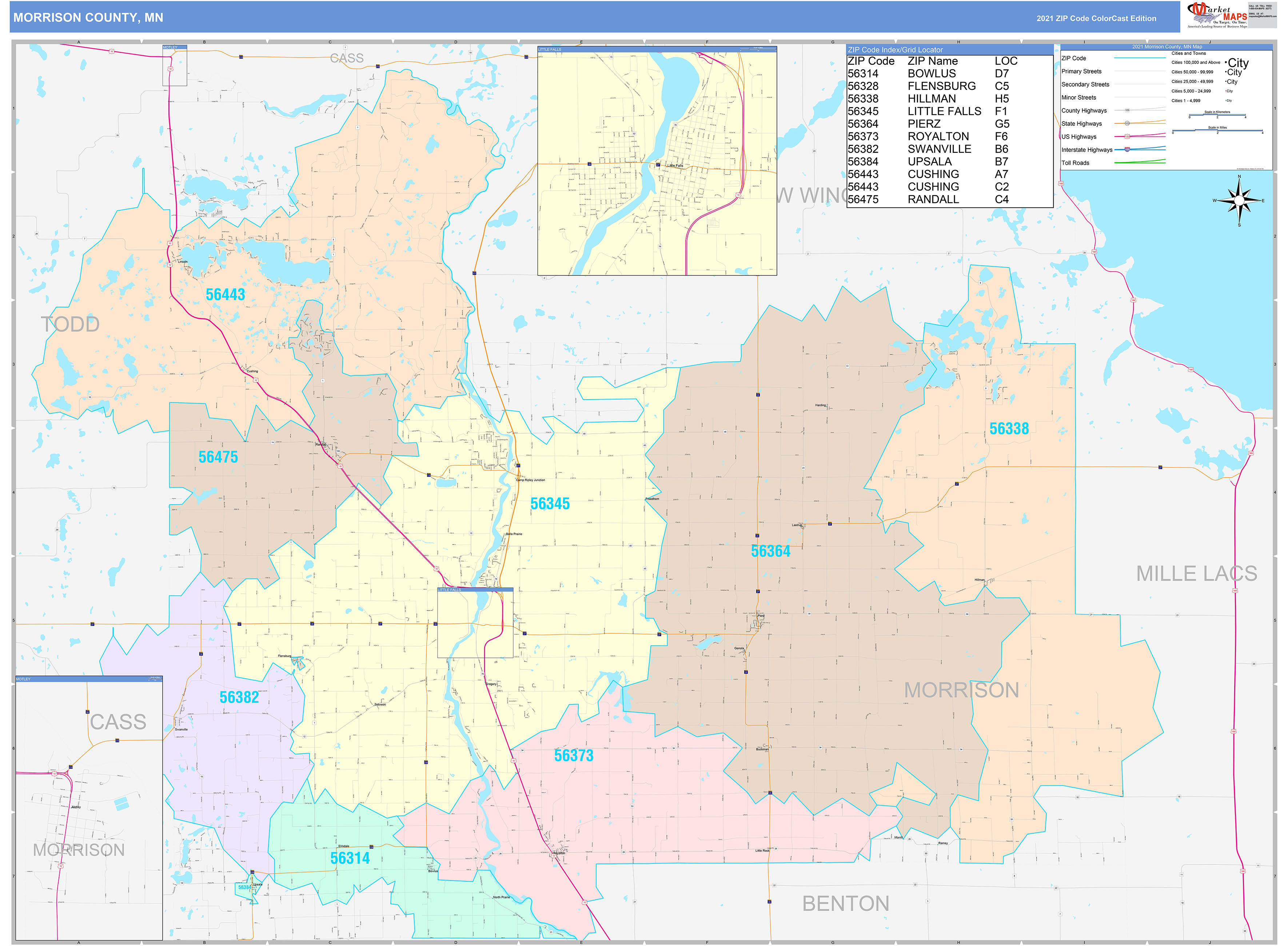 Morrison County, MN Wall Map Color Cast Style by MarketMAPS