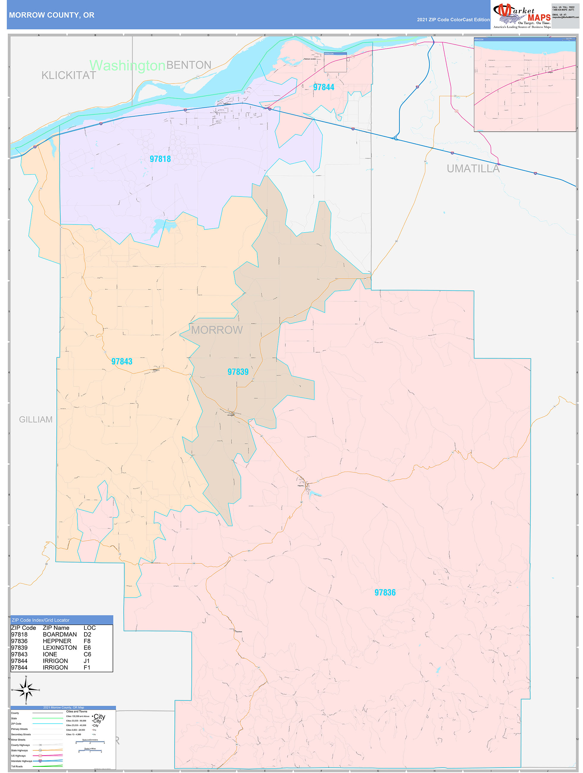 Morrow County, OR Wall Map Color Cast Style by MarketMAPS