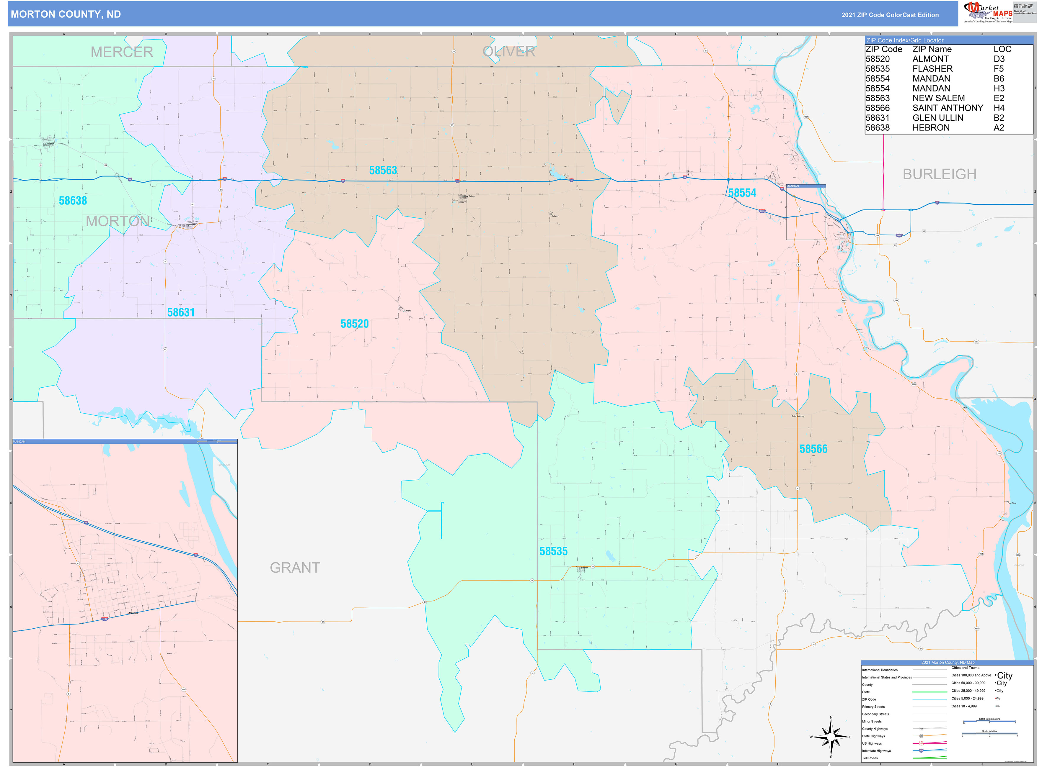 Morton County, ND Wall Map Color Cast Style by MarketMAPS