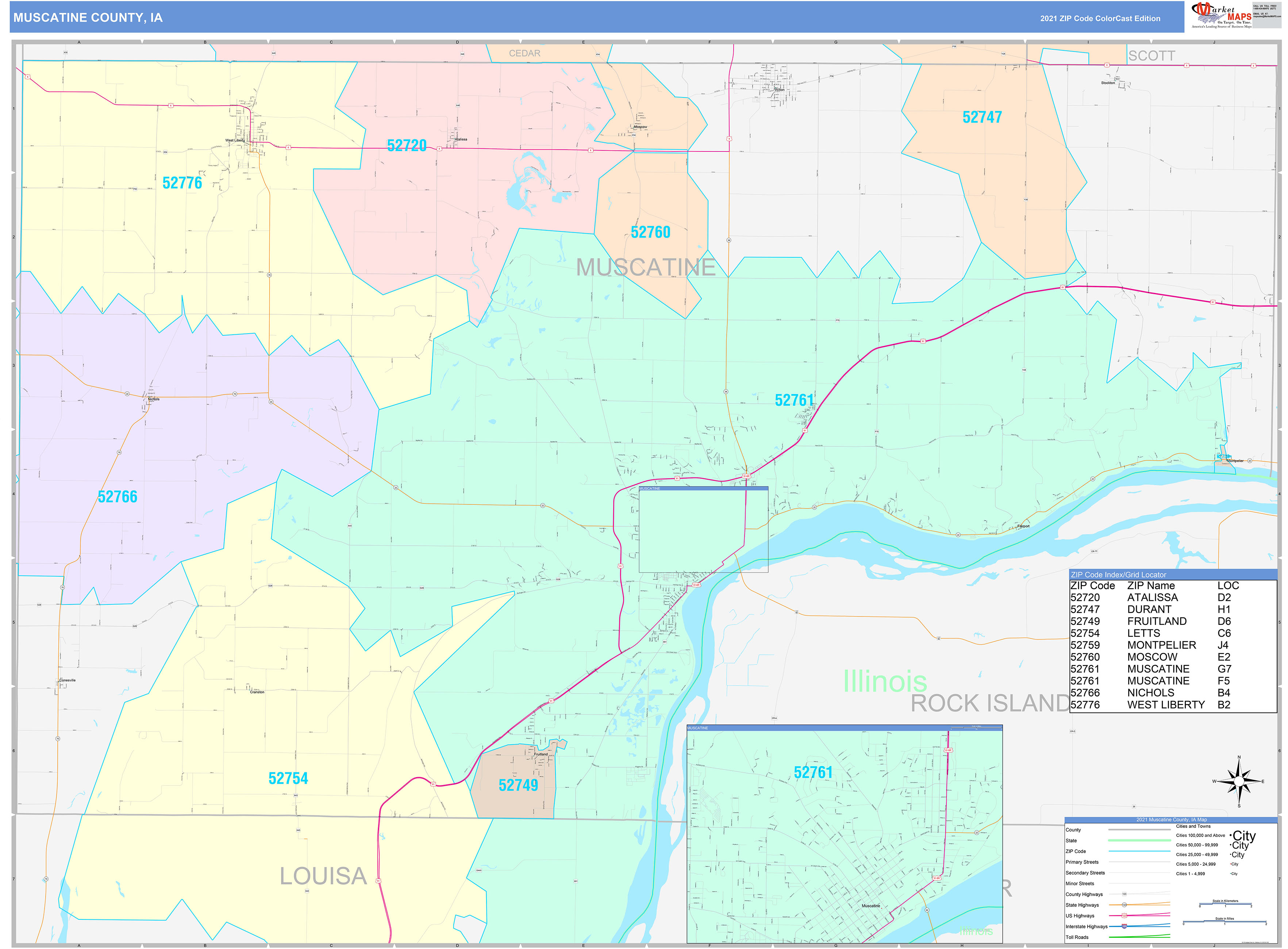 Muscatine County, IA Wall Map Color Cast Style by MarketMAPS MapSales