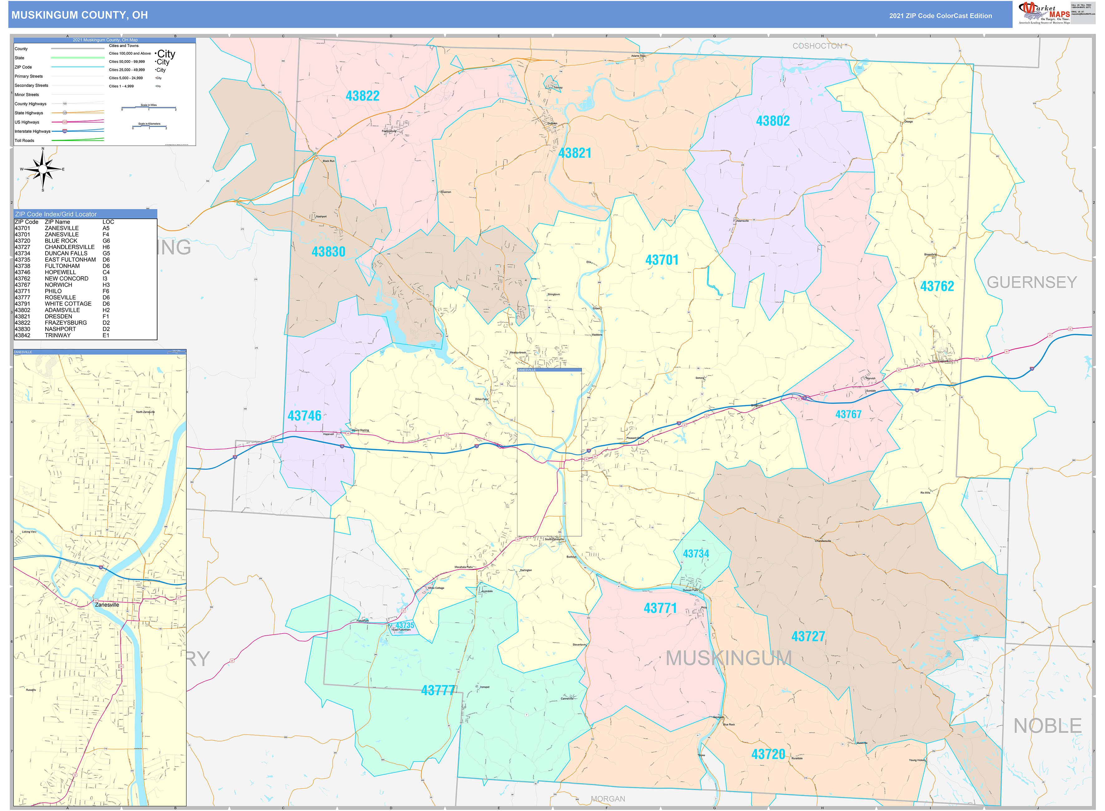 Muskingum County, OH Wall Map Color Cast Style by MarketMAPS MapSales
