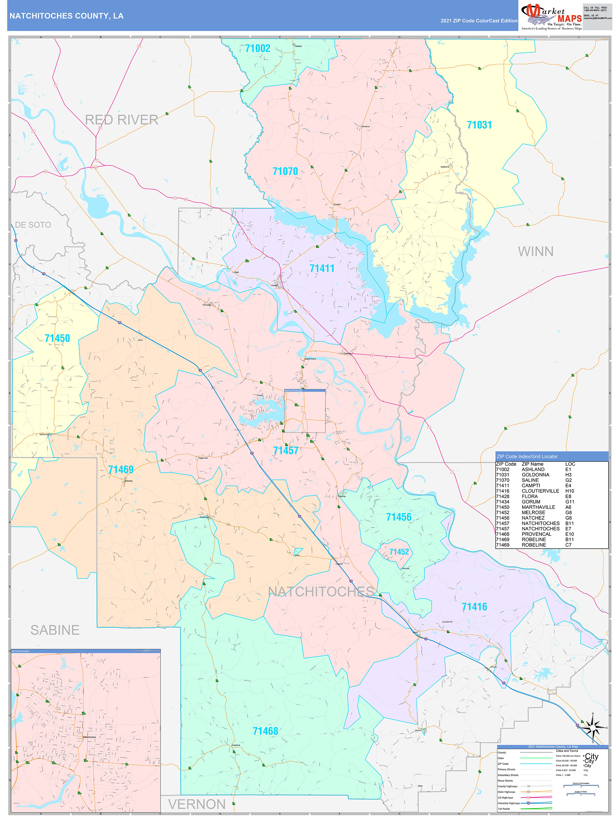 Natchitoches County, LA Wall Map Color Cast Style by MarketMAPS