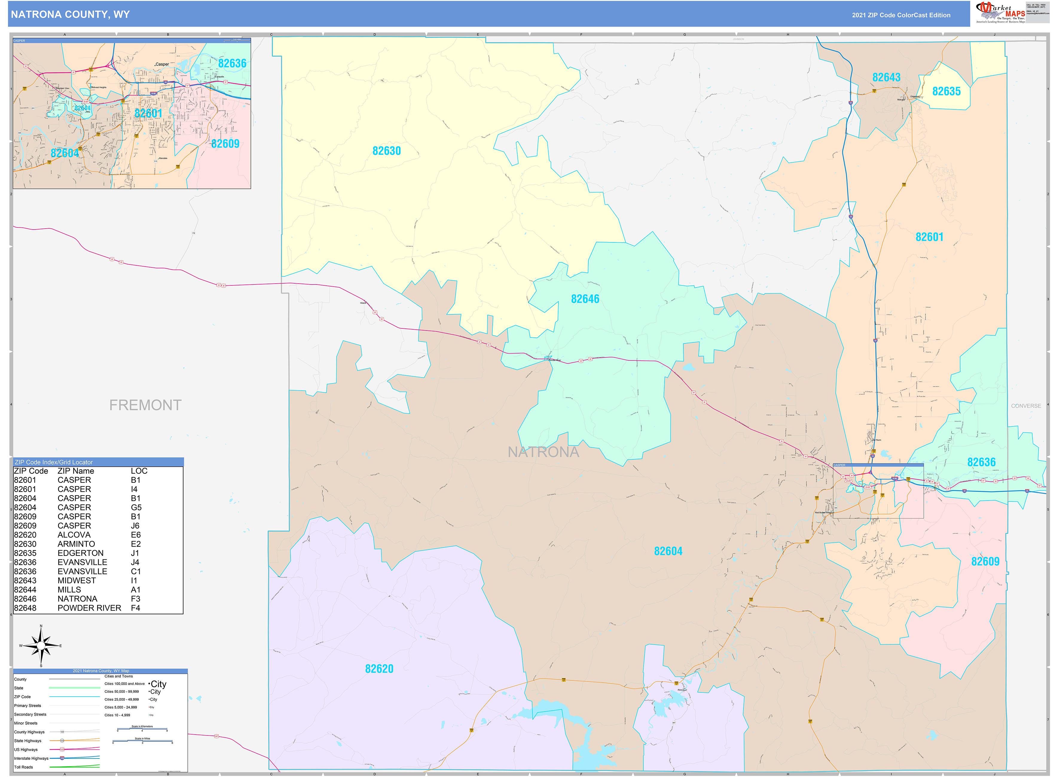 Natrona County, WY Wall Map Color Cast Style by MarketMAPS