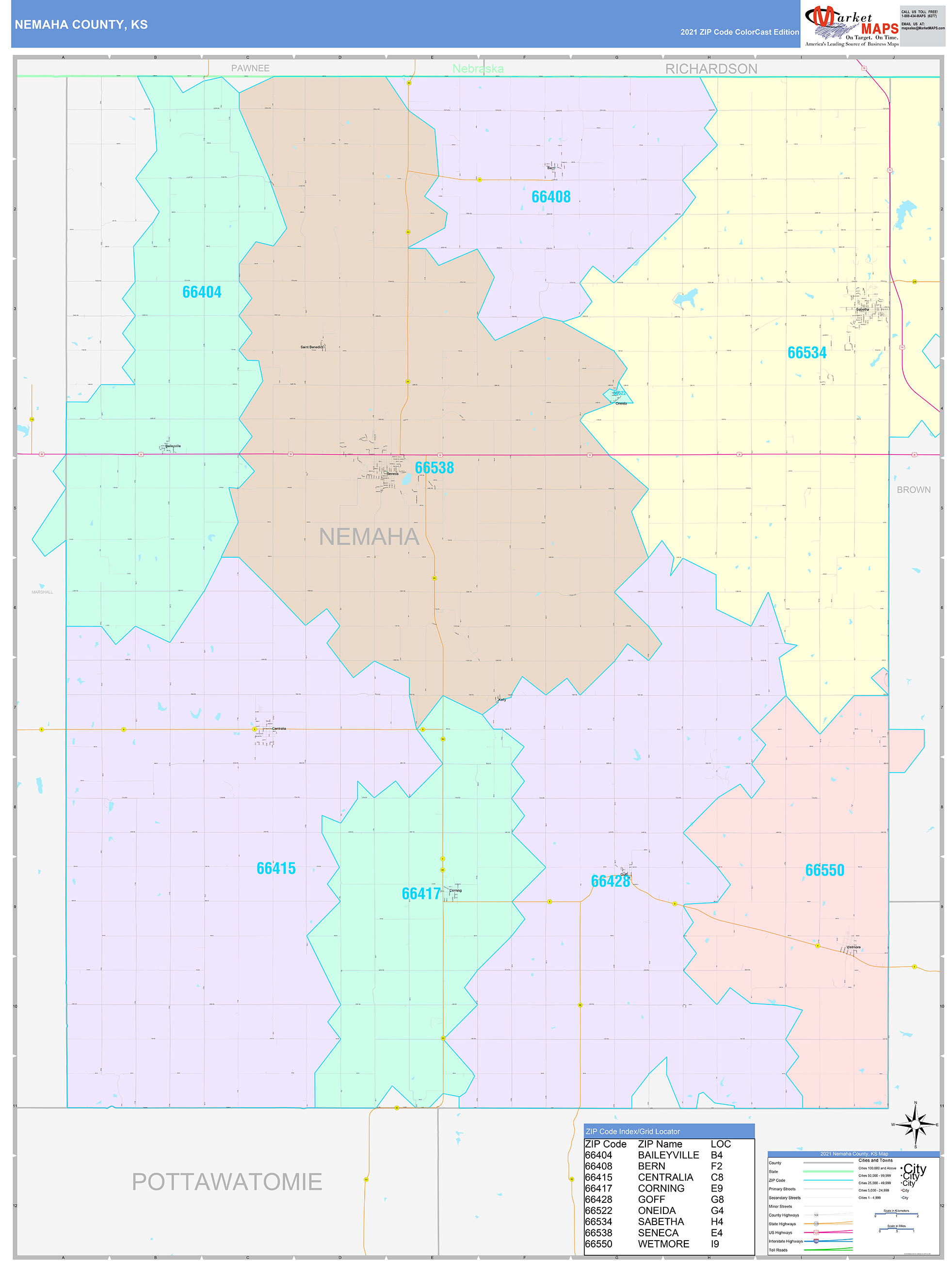 Nemaha County, KS Wall Map Color Cast Style by MarketMAPS