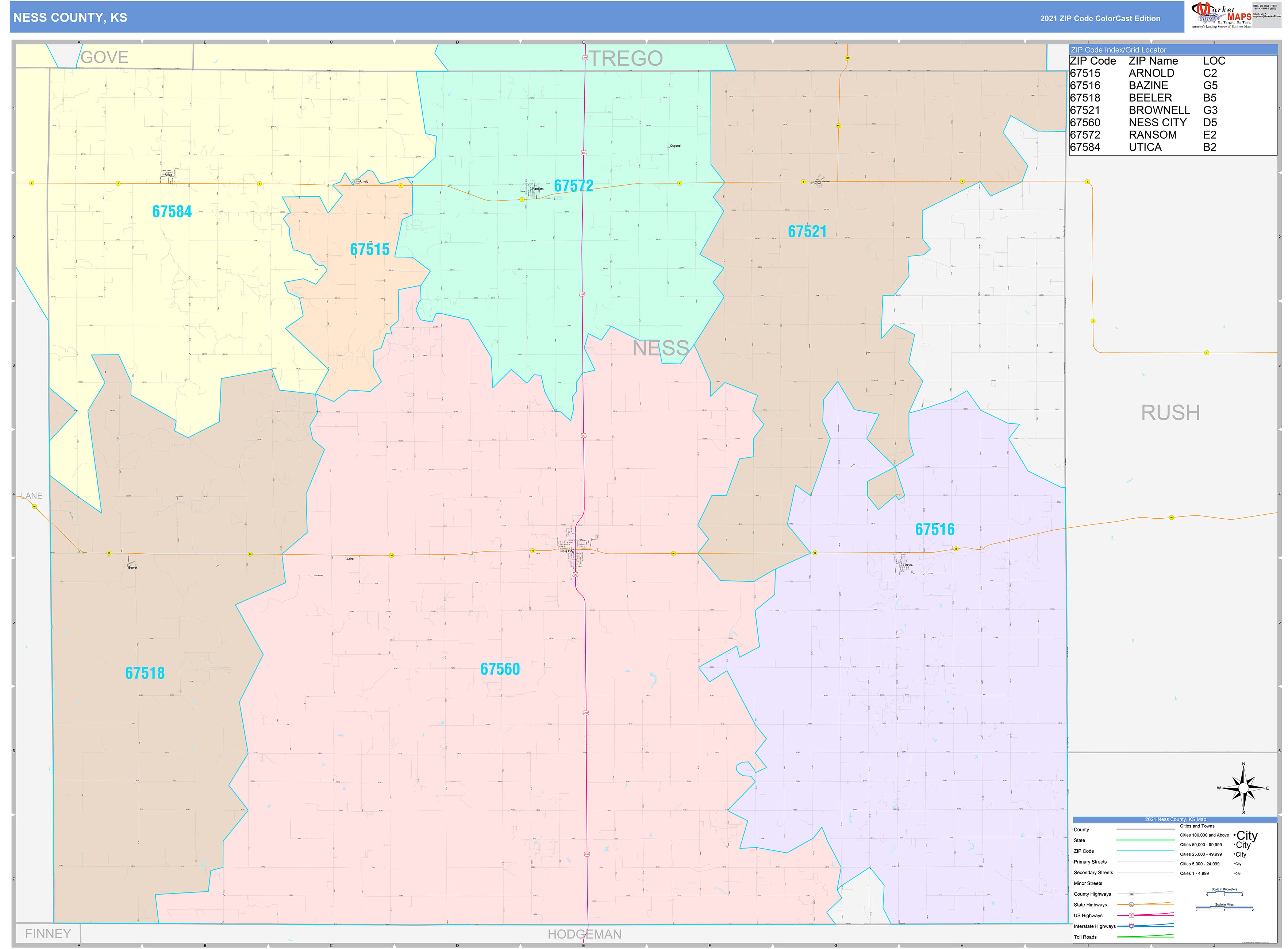 Ness County, KS Wall Map Color Cast Style by MarketMAPS