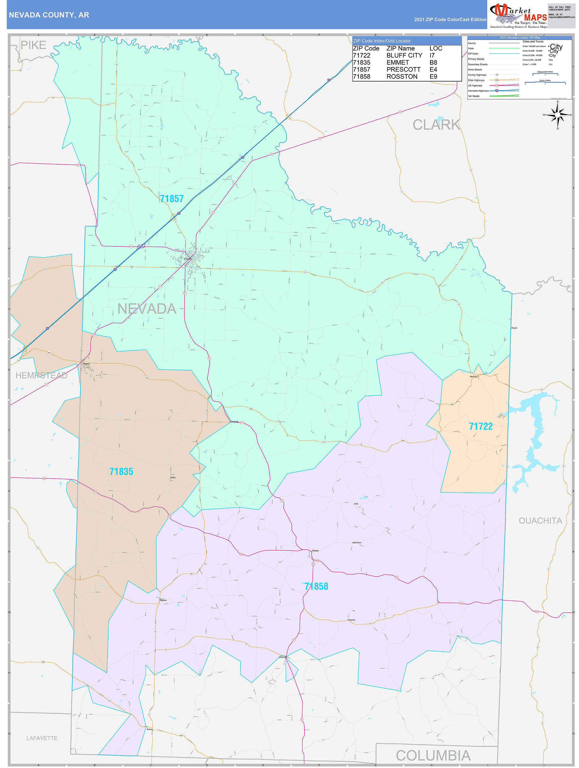 Nevada County, AR Wall Map Color Cast Style by MarketMAPS